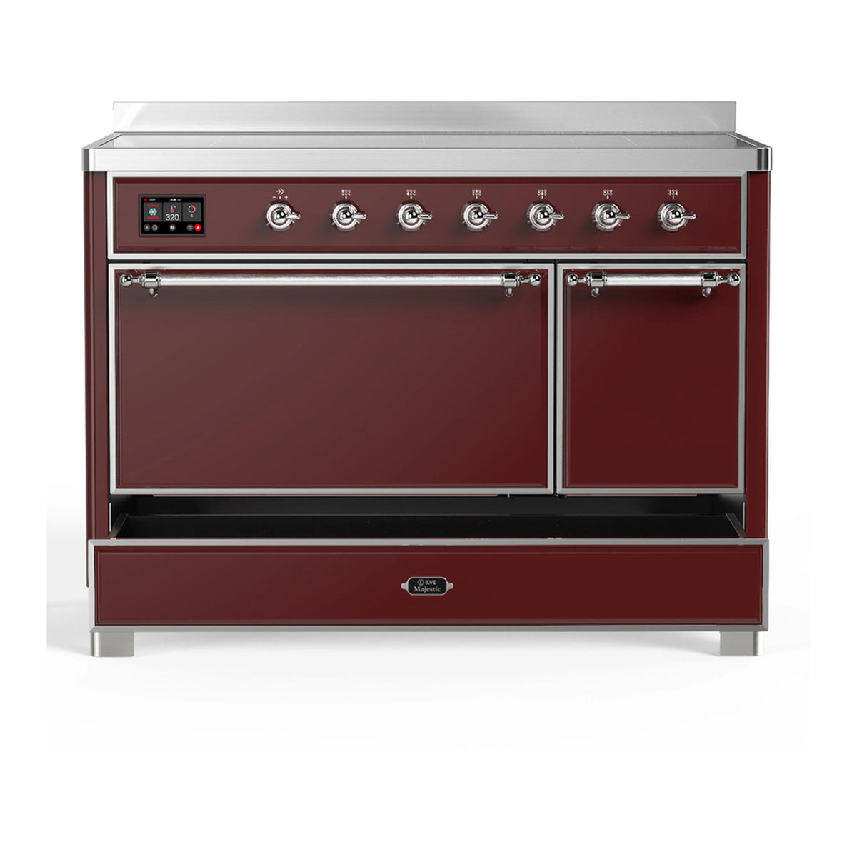 Burgundy induction range with two closed oven doors and control panel