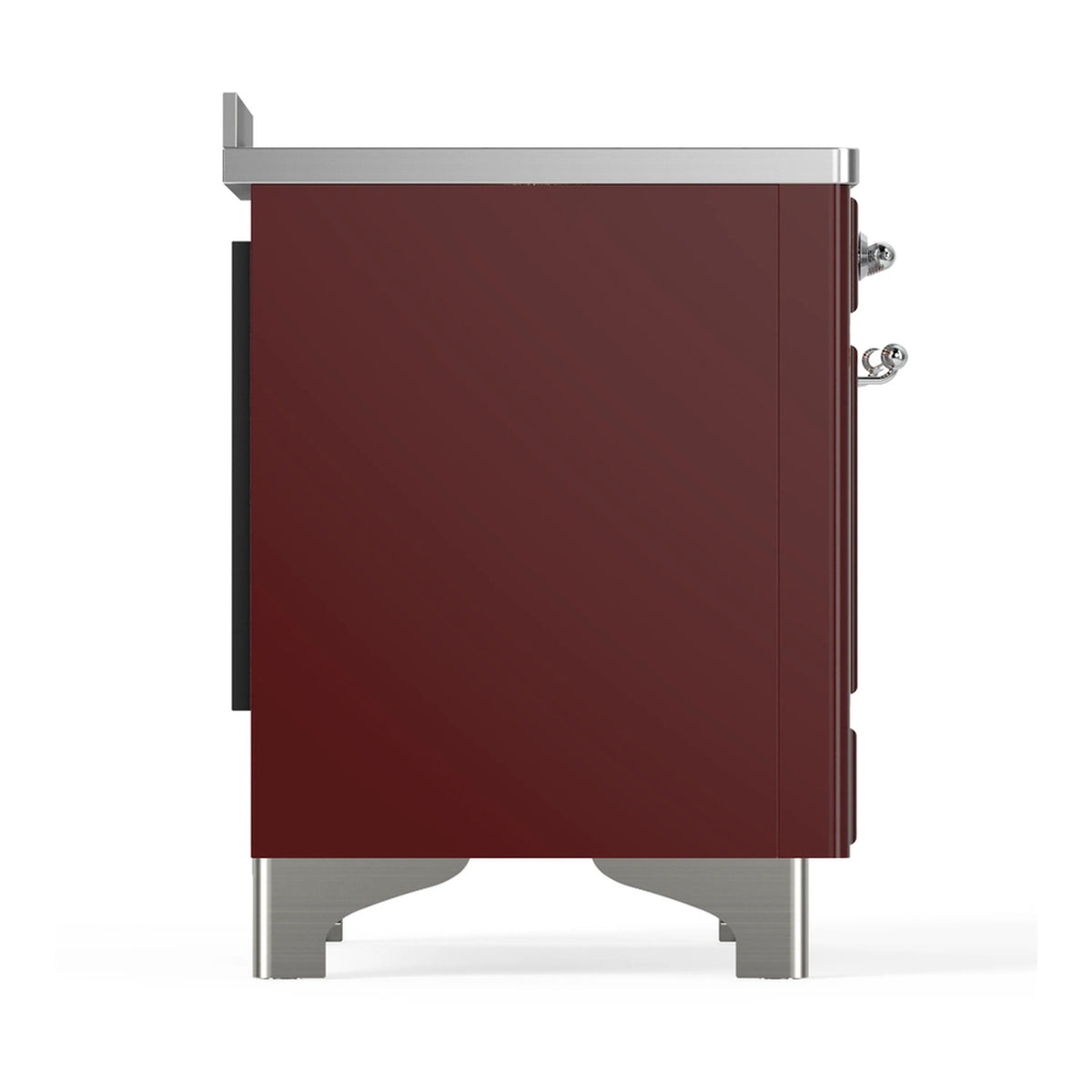 Burgundy side view of induction range with chrome handles and metal legs
