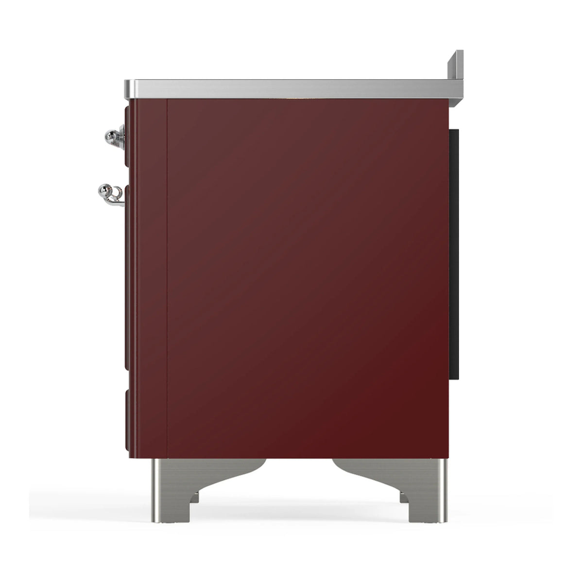 Burgundy side/back view of induction range with chrome corner hardware and legs