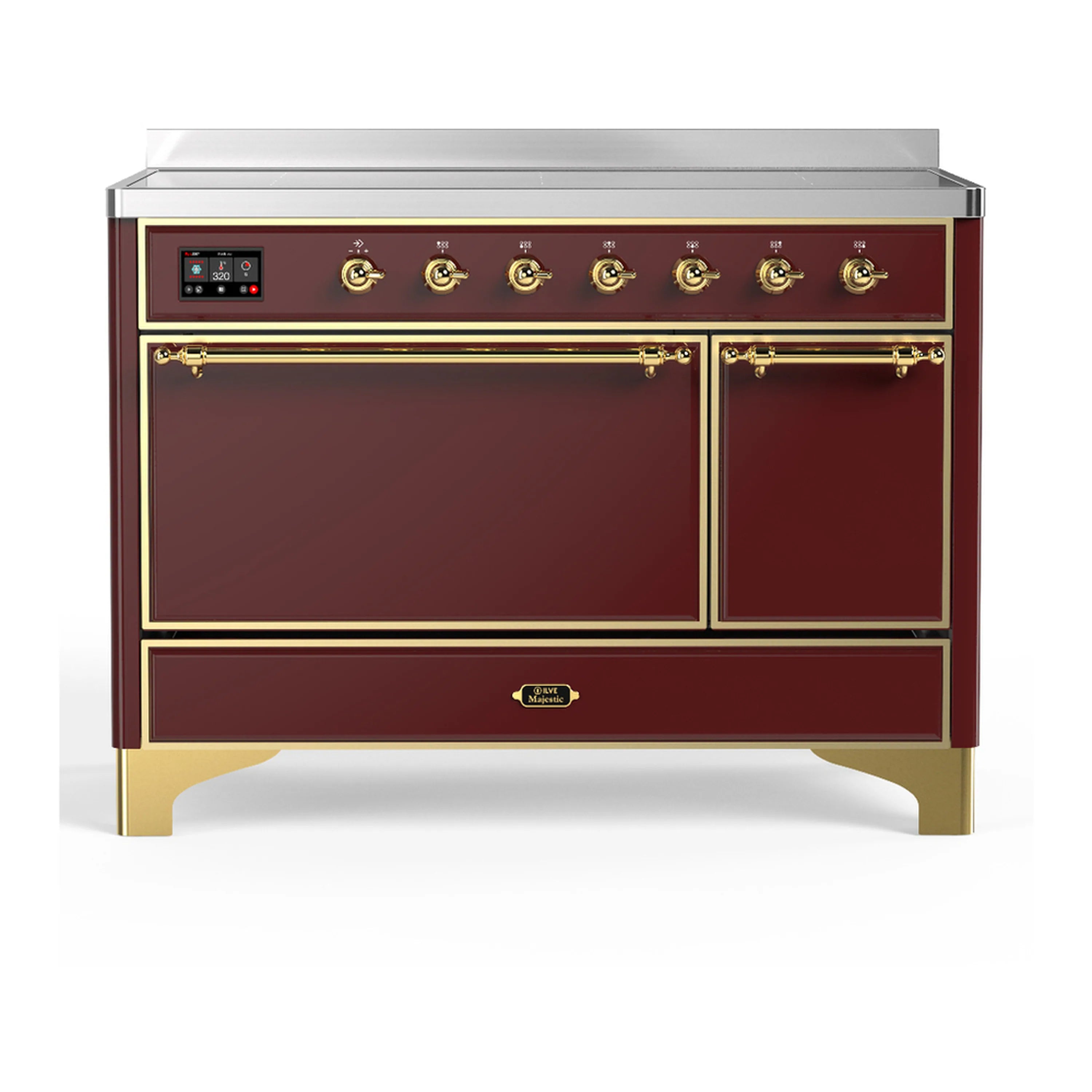 Burgundy induction range with brass trim, dual oven doors, and control panel across top.