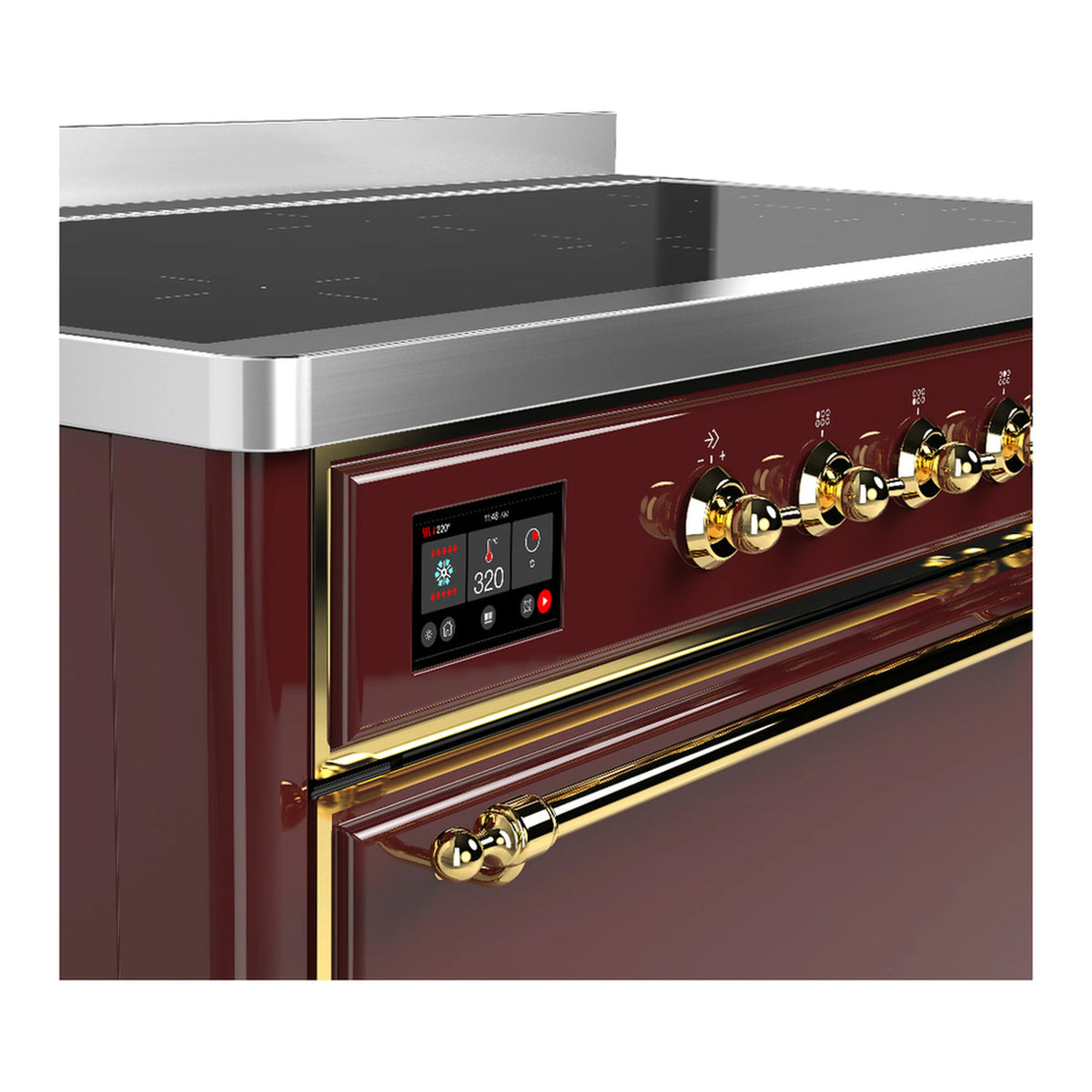 Burgundy induction range control area with digital display, brass knobs, and side trim.