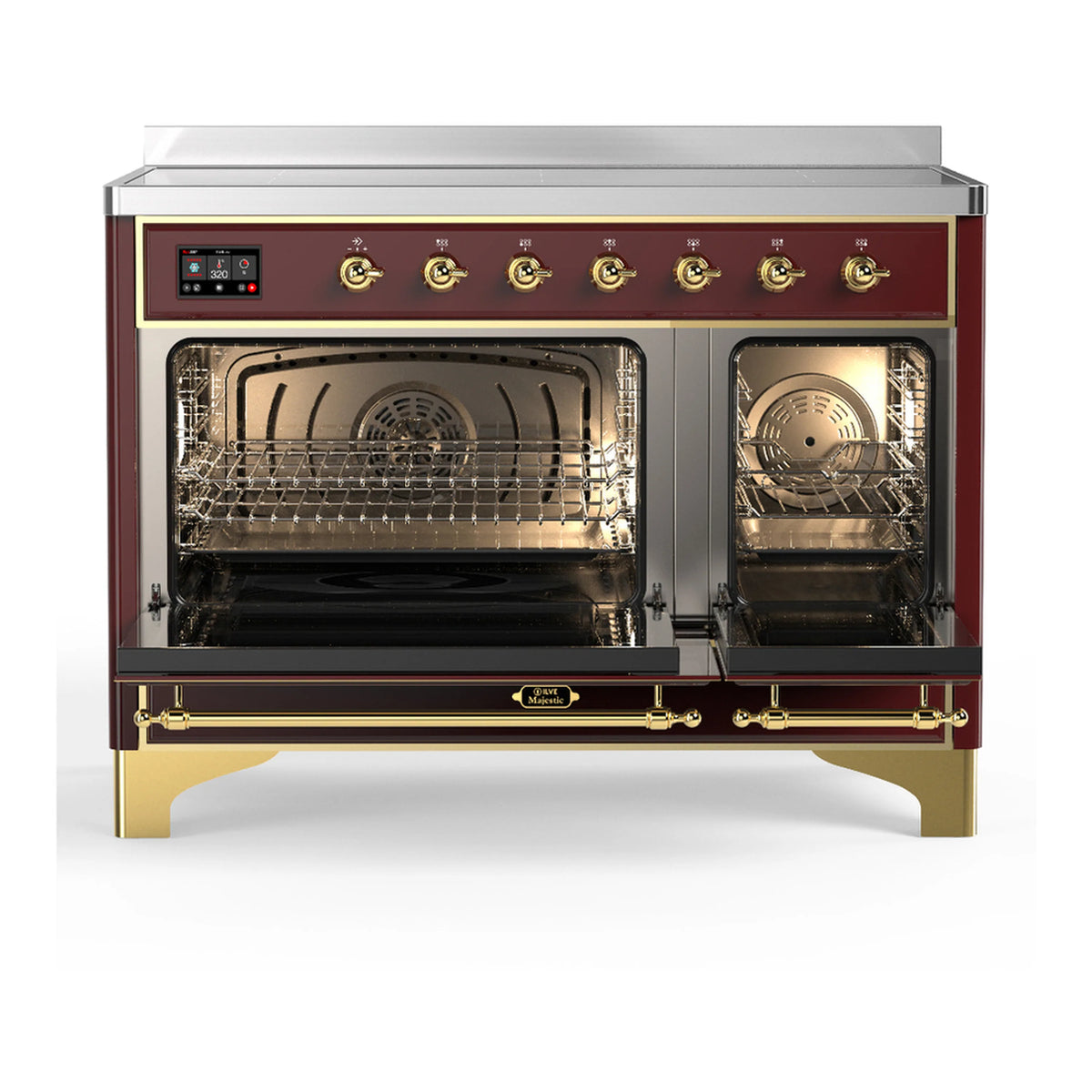 Burgundy induction range with oven door open, showing two oven interiors and racks.