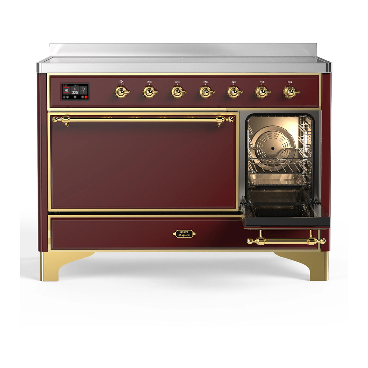 Burgundy induction range with single oven door open and brass handle trim.