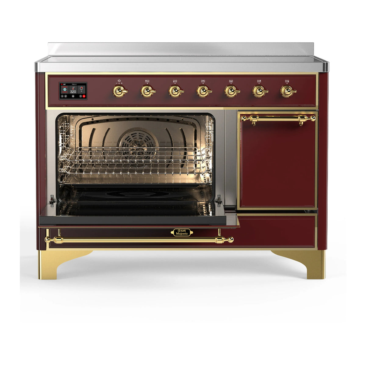 Burgundy induction range with open oven door showing interior cavity and wire rack.