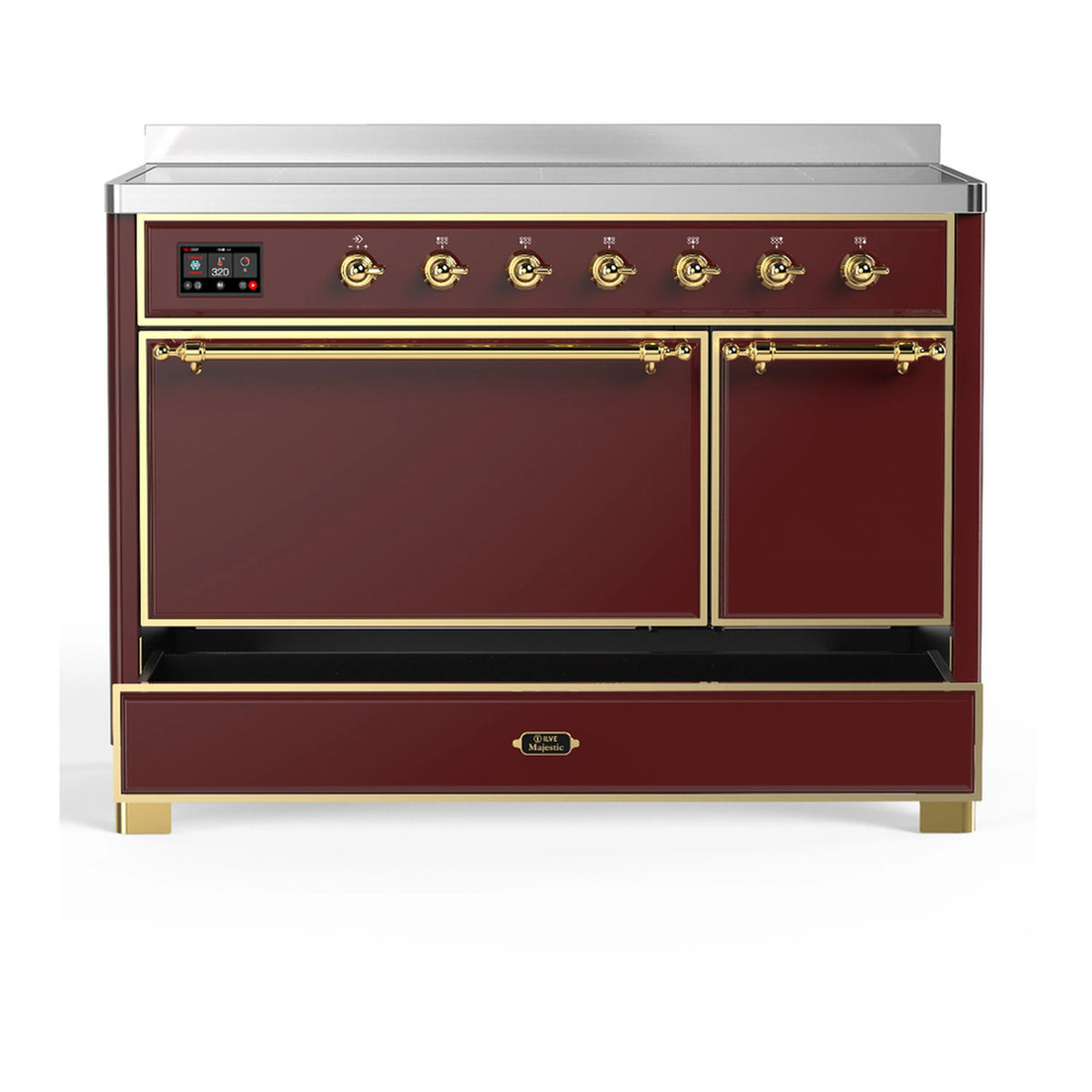 Burgundy induction range with brass trim, closed oven doors, and top control knobs.