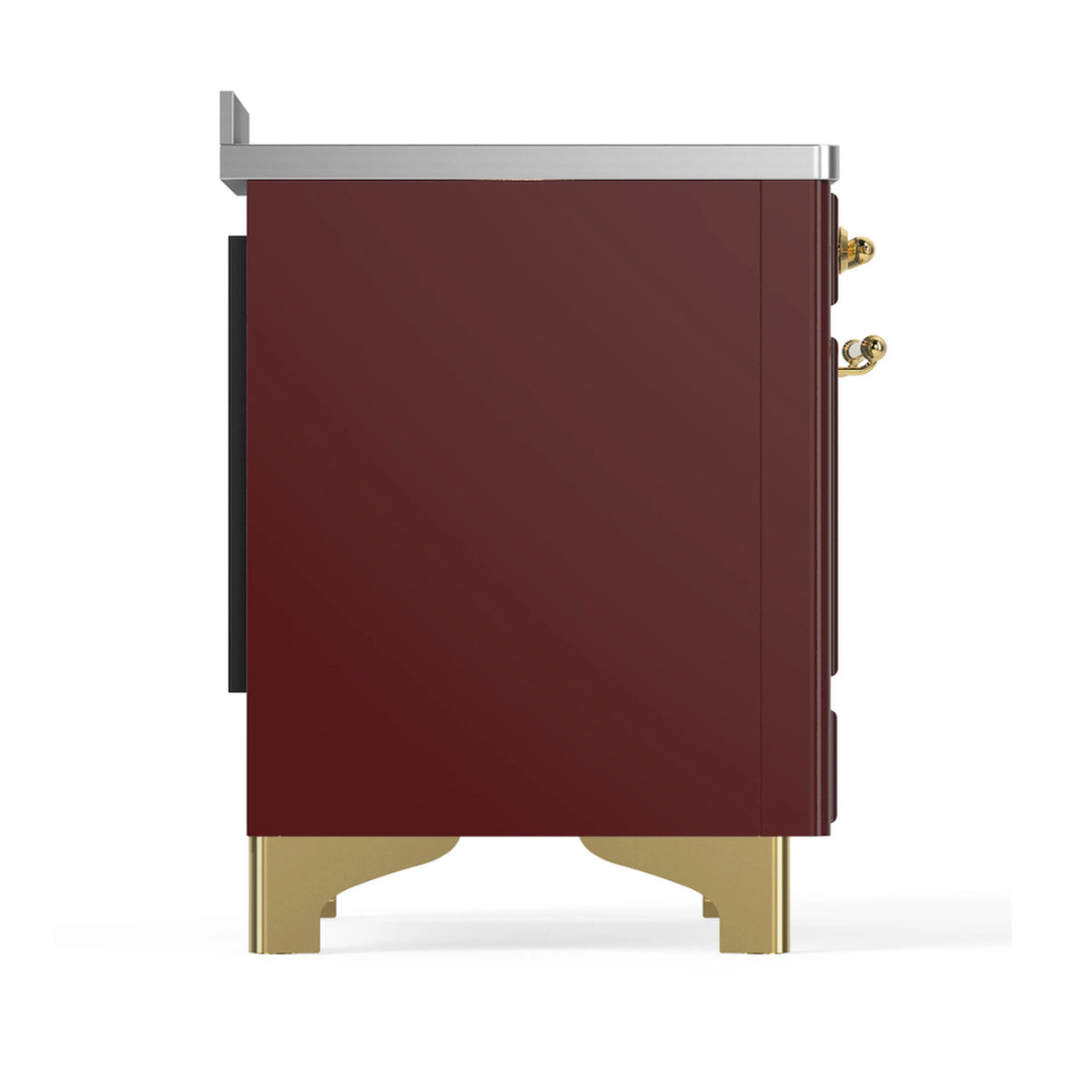 Burgundy side panel of an induction range with brass base legs and top edge.