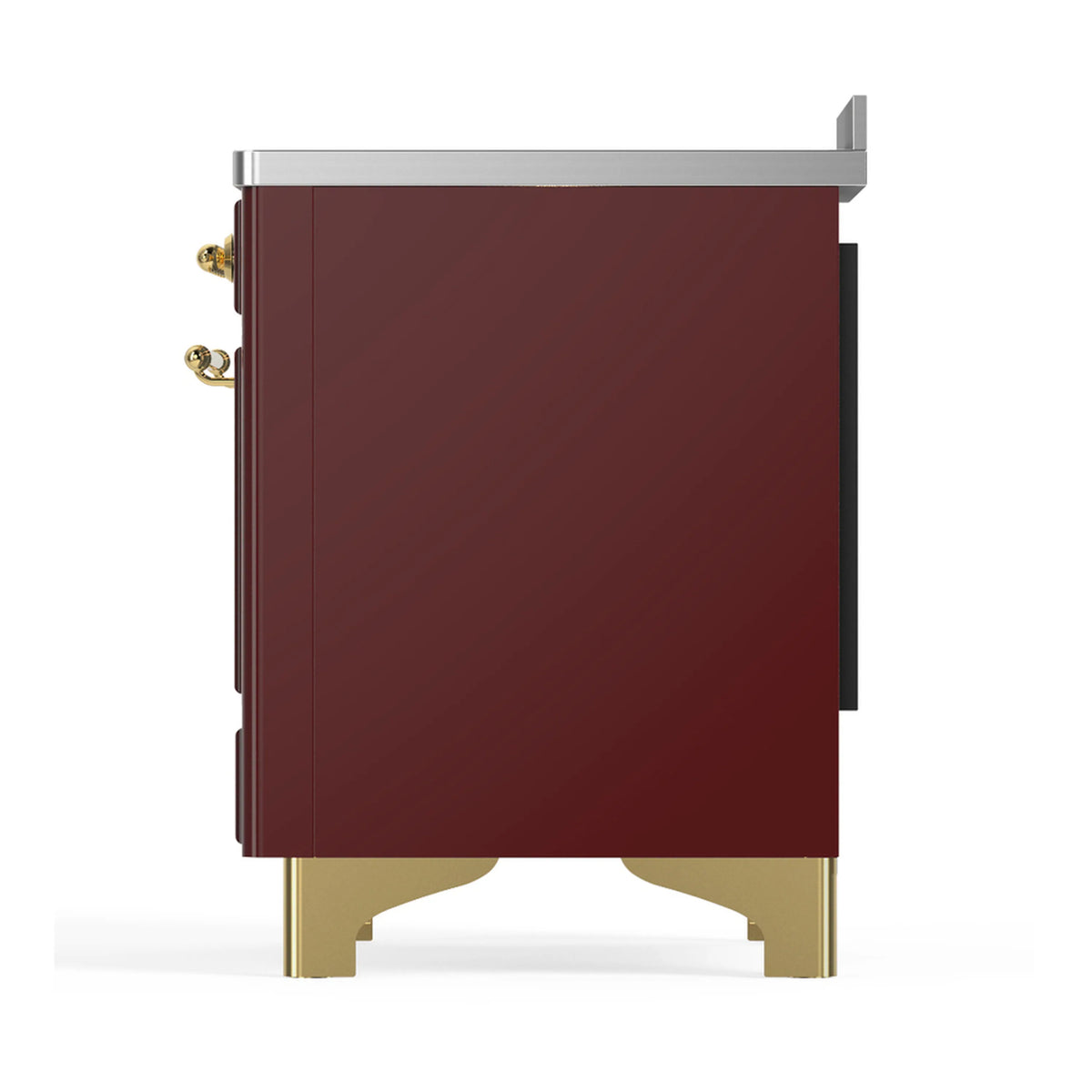 Burgundy side view of an induction range with brass handles and base legs.