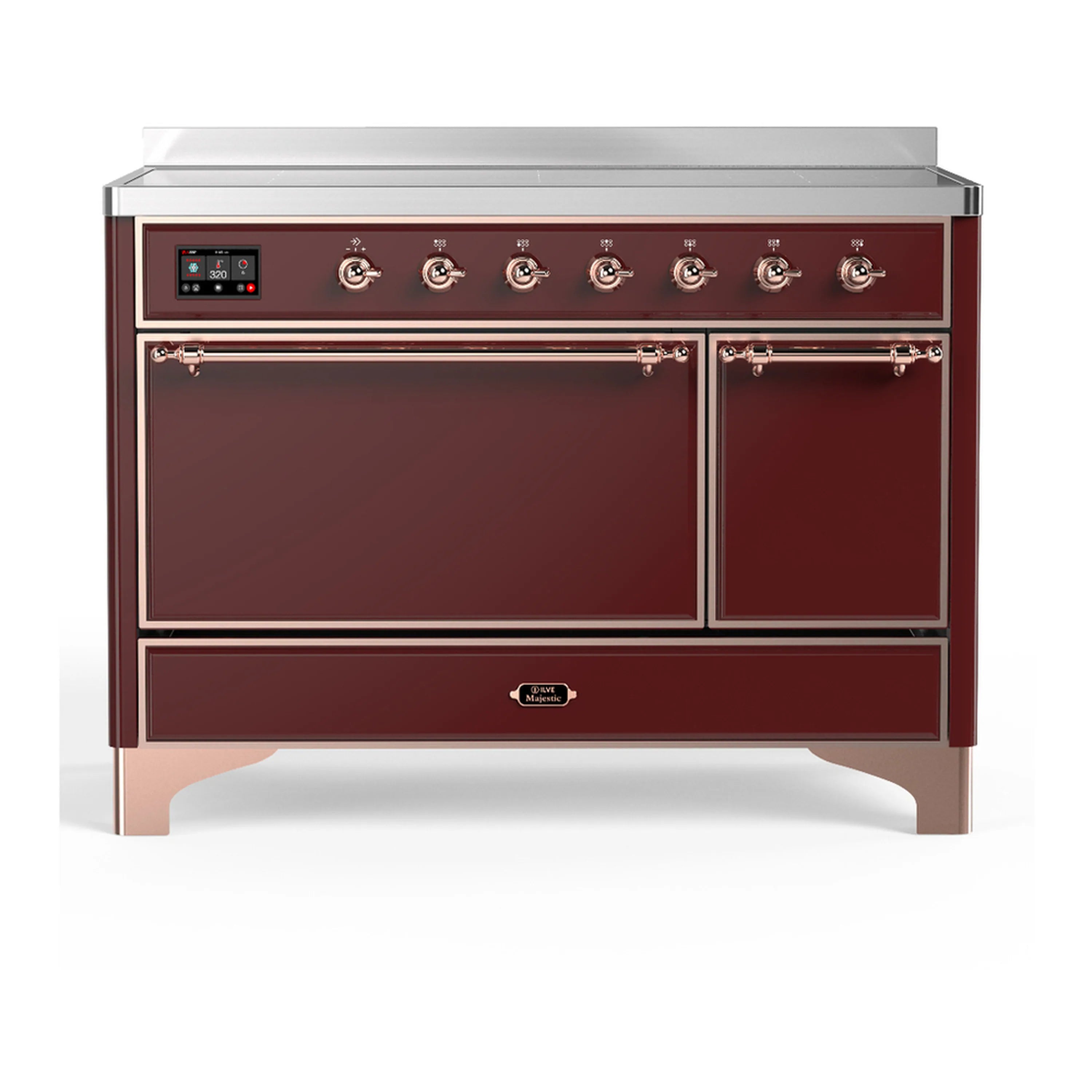 Burgundy induction range with copper trim, two doors, and control panel with knobs