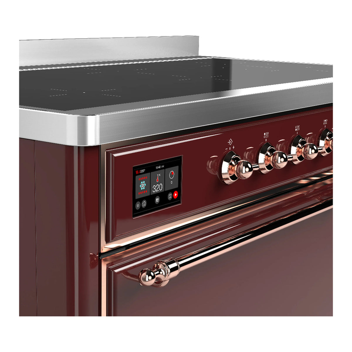 Induction range control panel in burgundy with digital display and copper-finish knobs