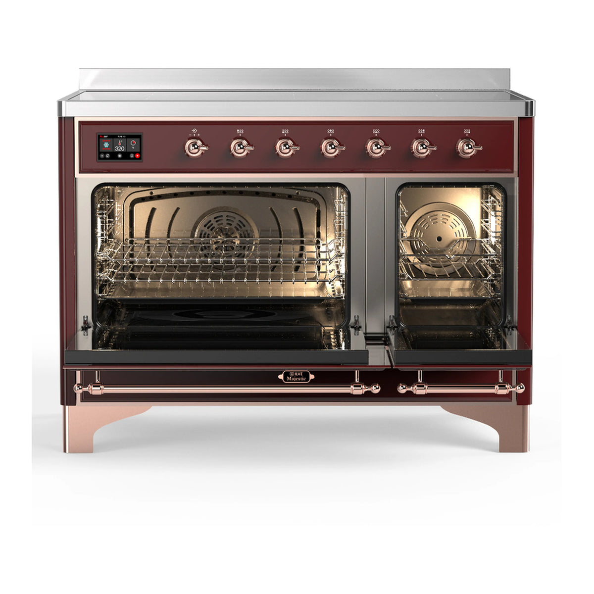 Burgundy electric oven range with open double doors and glowing oven interiors
