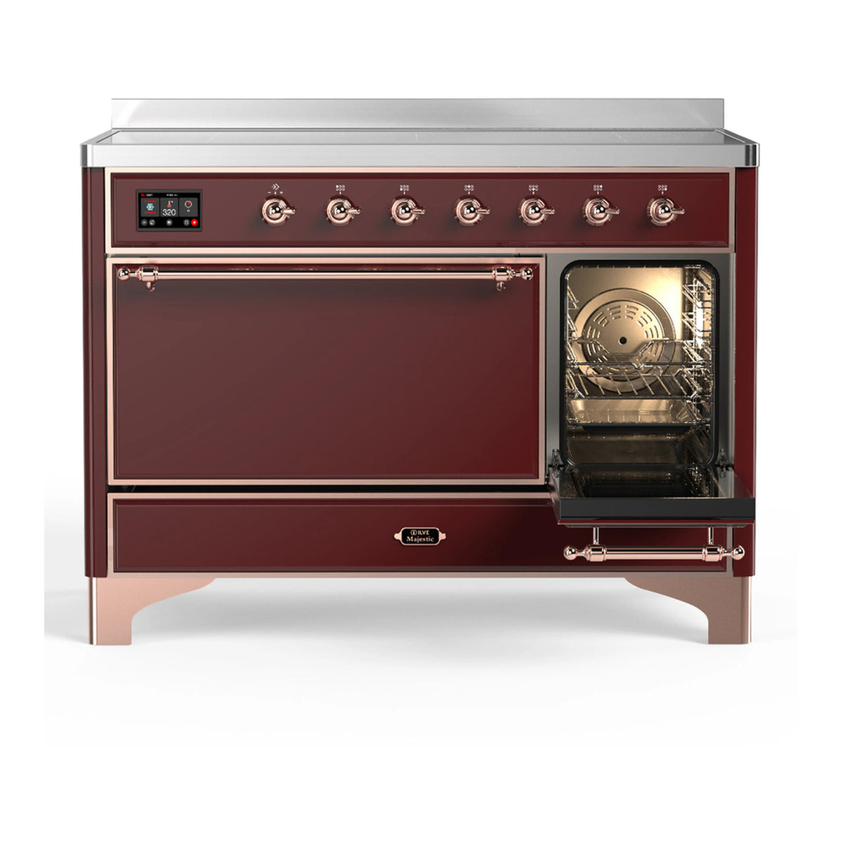 Burgundy induction range with one oven door open showing interior racks and back panel