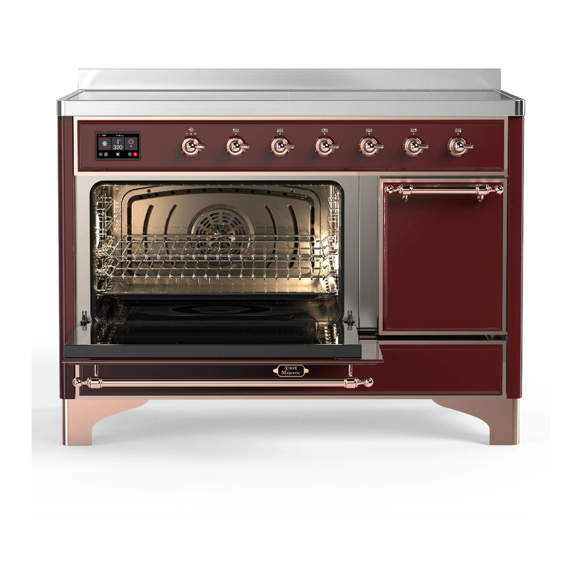 Burgundy induction range with both oven doors open and two illuminated oven compartments