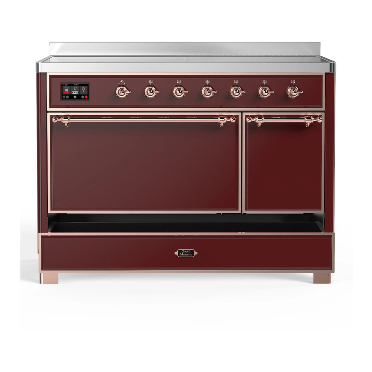 Burgundy induction range with copper trim, closed oven doors, and top control panel