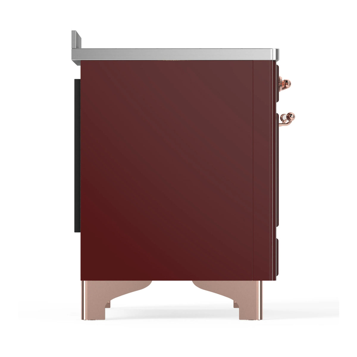 Side view of burgundy induction range with copper trim and recessed handle