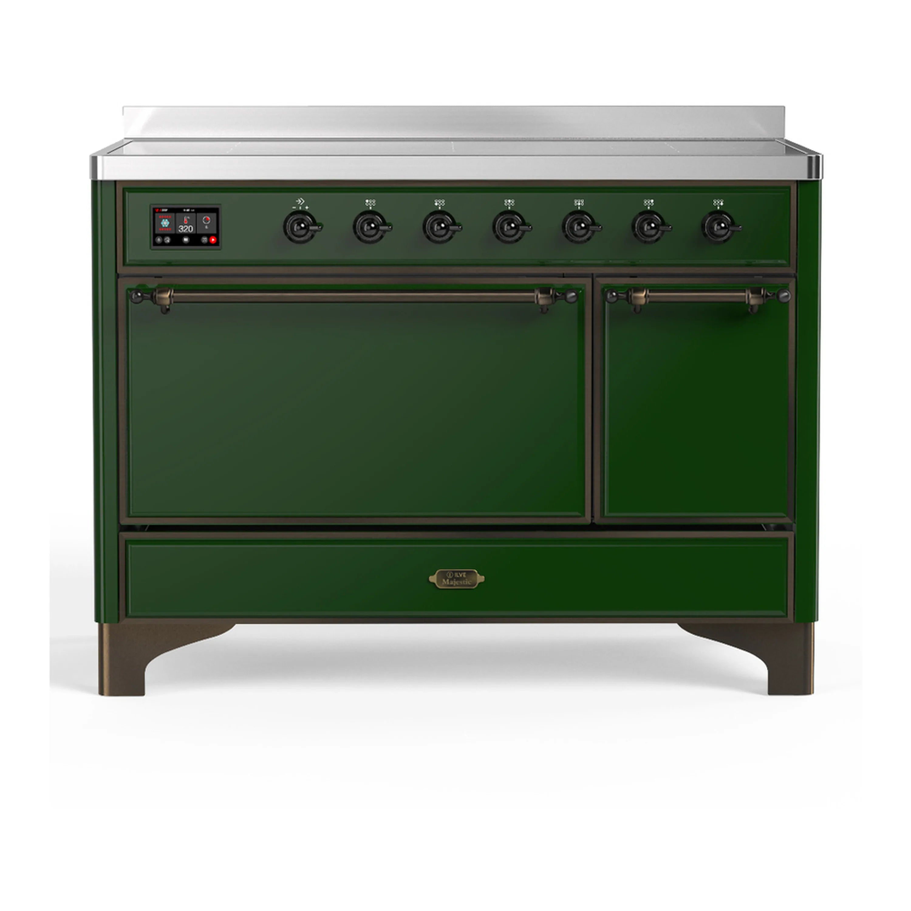 Emerald green induction range with two oven doors and six control knobs
