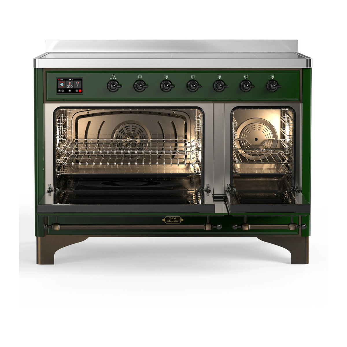 Emerald green induction range with open ovens, racks inside, and control panel on back