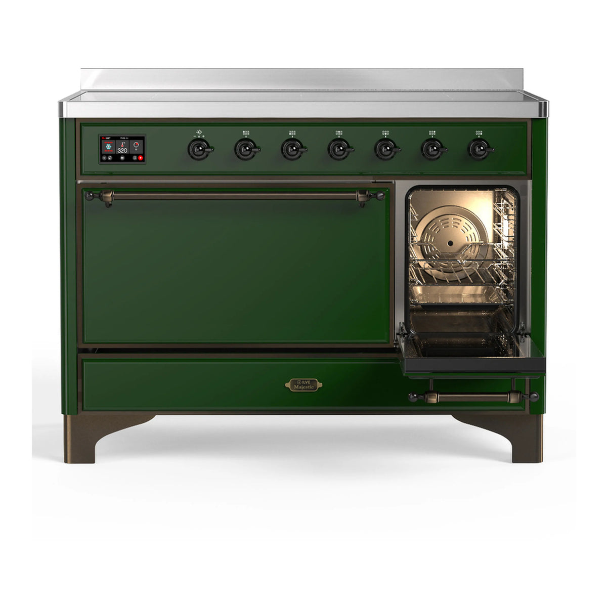 Emerald green induction range with right oven door open and interior rack visible