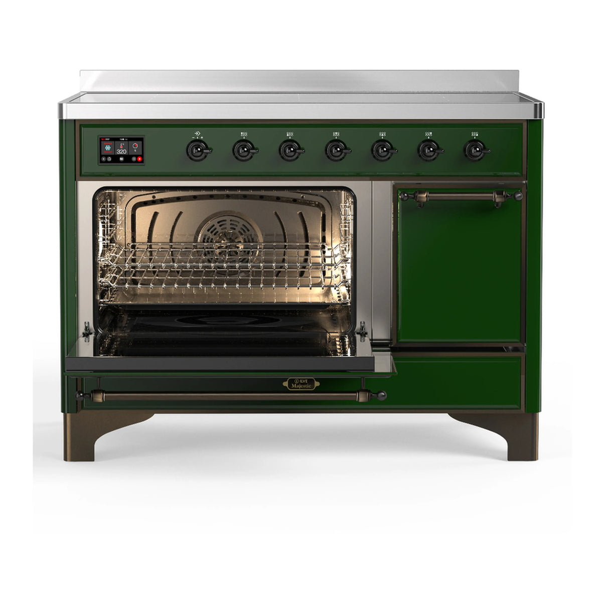 Emerald green induction range with left oven door open and wire rack inside