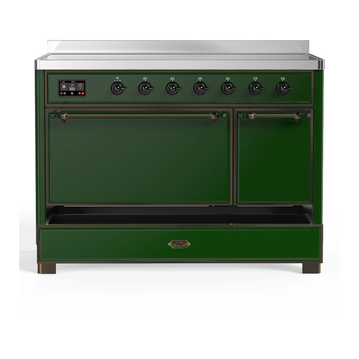 Emerald green induction range with oven doors closed and front control panel