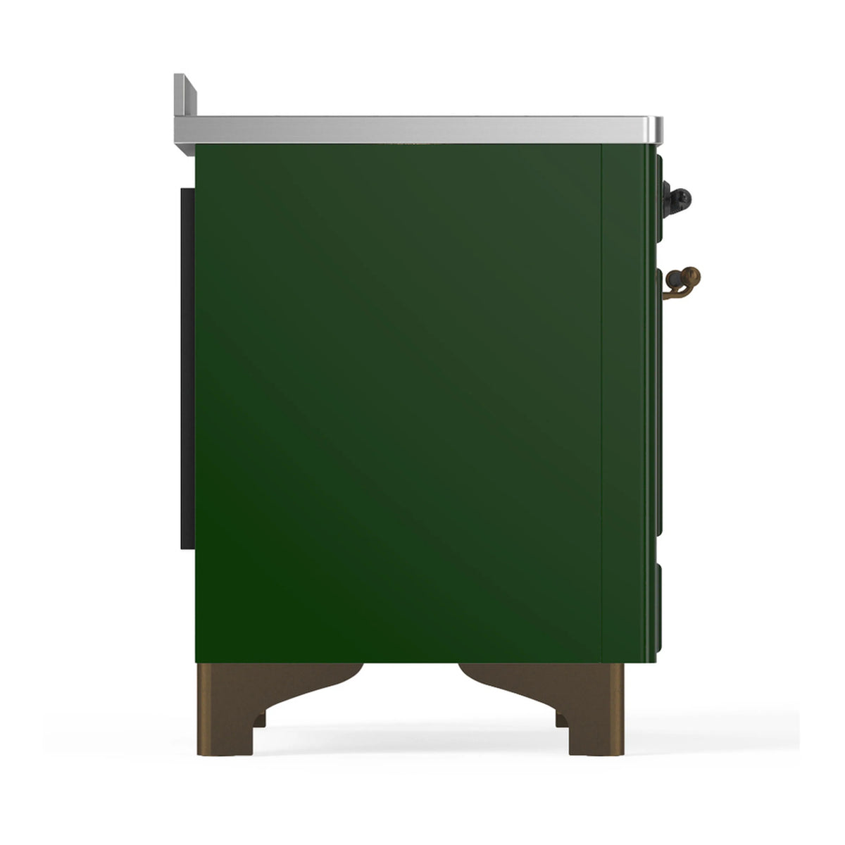 Emerald green induction range side view with silver top and bronze side handles