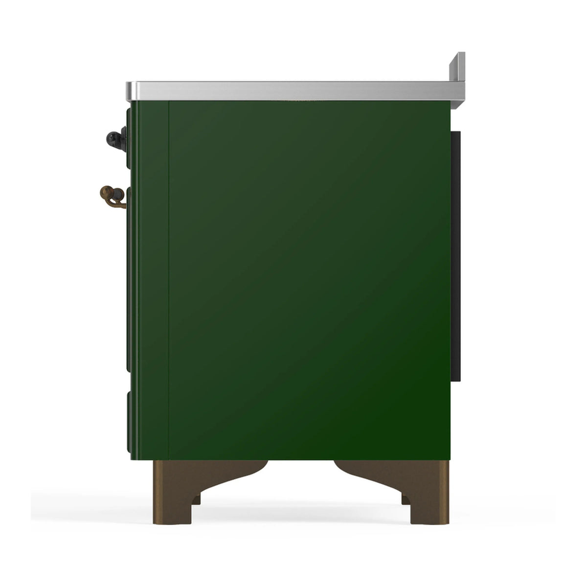 Emerald green induction range rear-side view with silver trim and side hardware