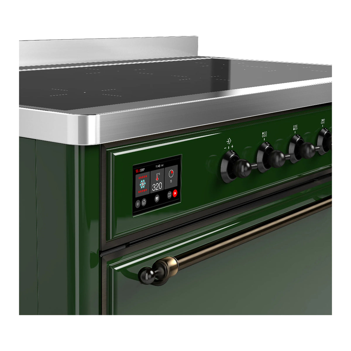 Emerald green range control panel with display, knobs, and bronze handle