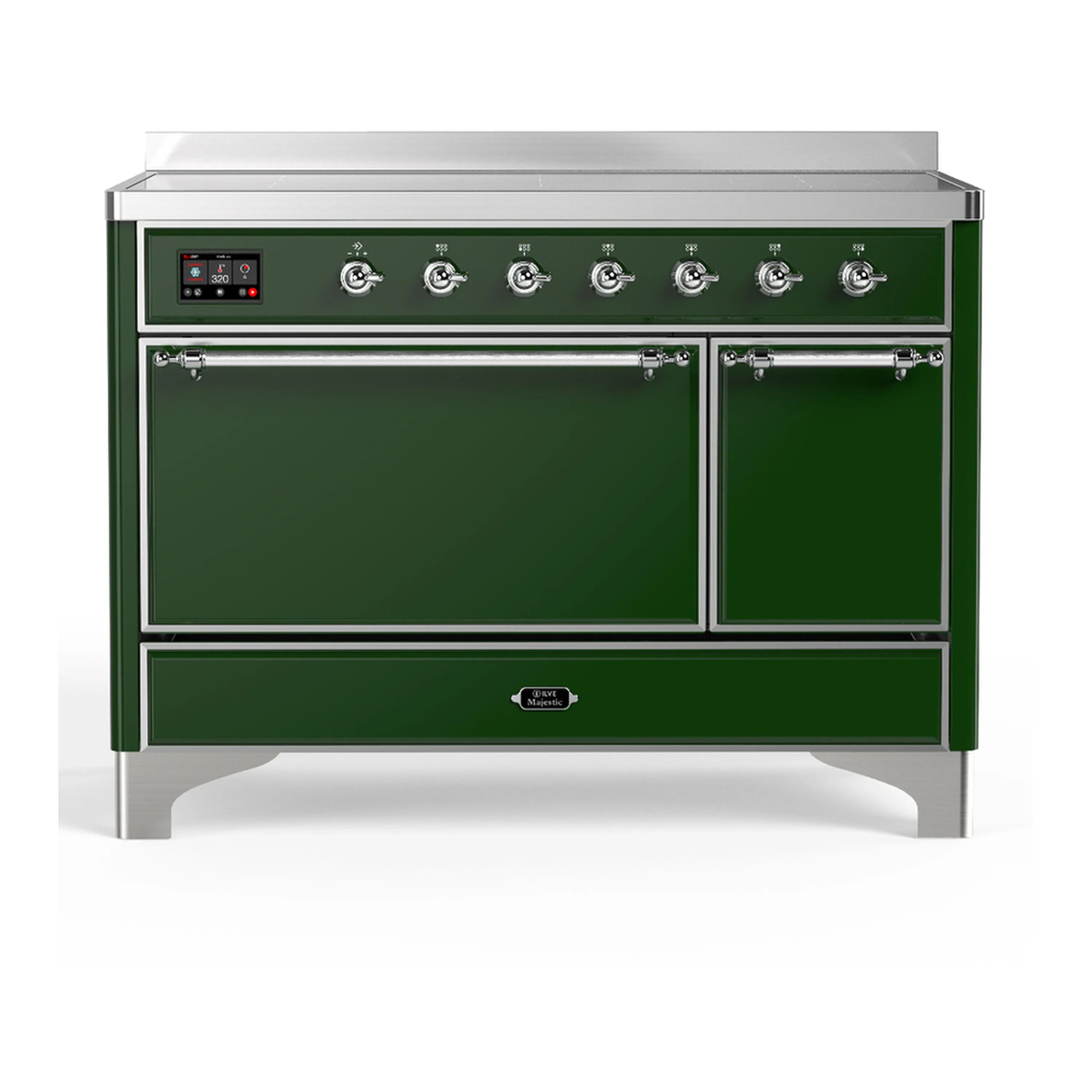 Emerald green induction range with chrome trim and double electric oven doors.