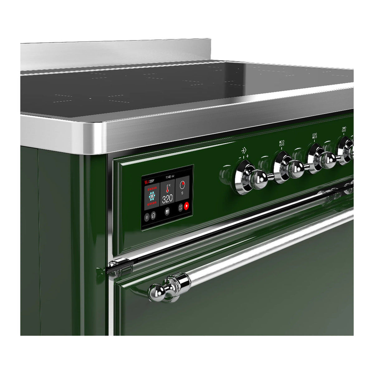 Induction range control panel with digital display and stainless knobs on emerald front.