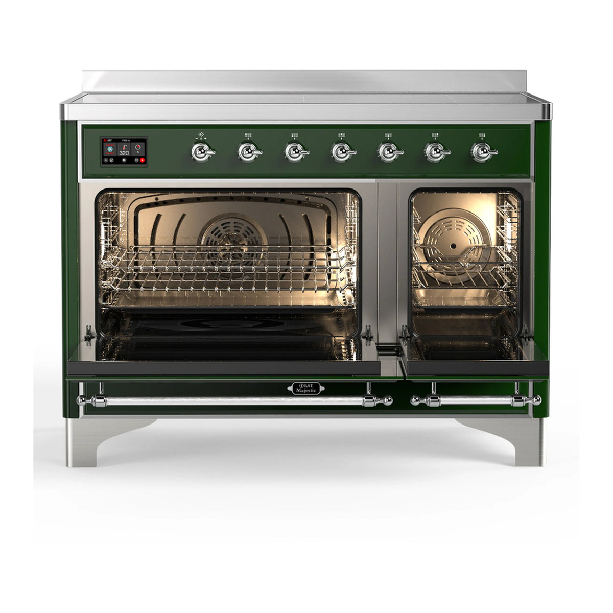 Emerald induction range with open electric oven showing racks and heating elements.