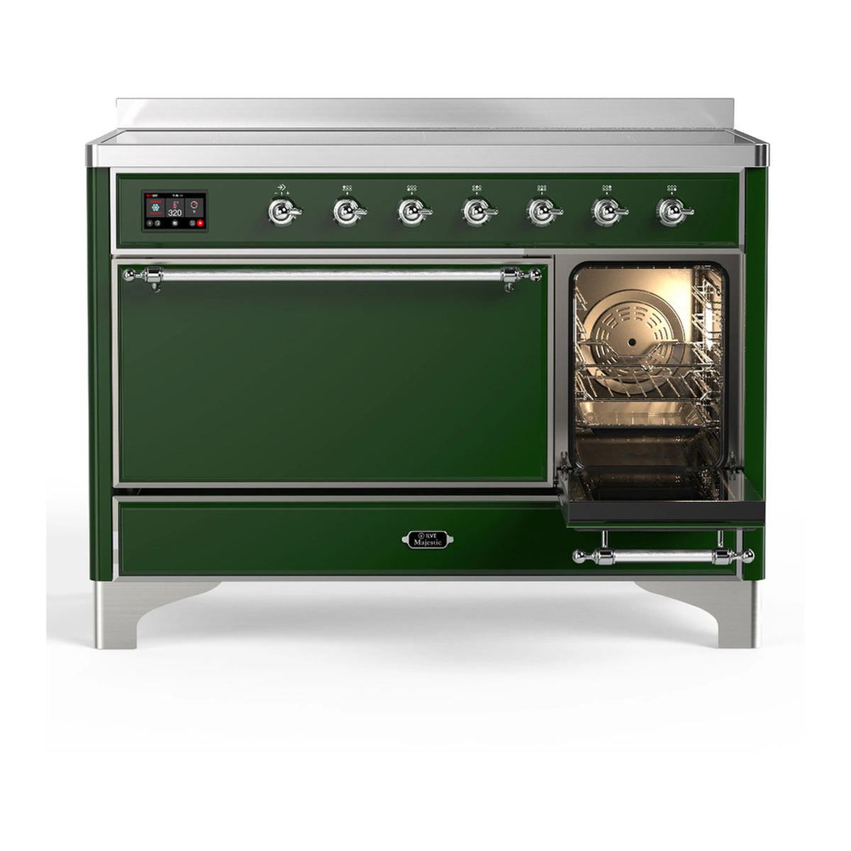 Emerald induction range with right oven door open and visible interior lighted rack.