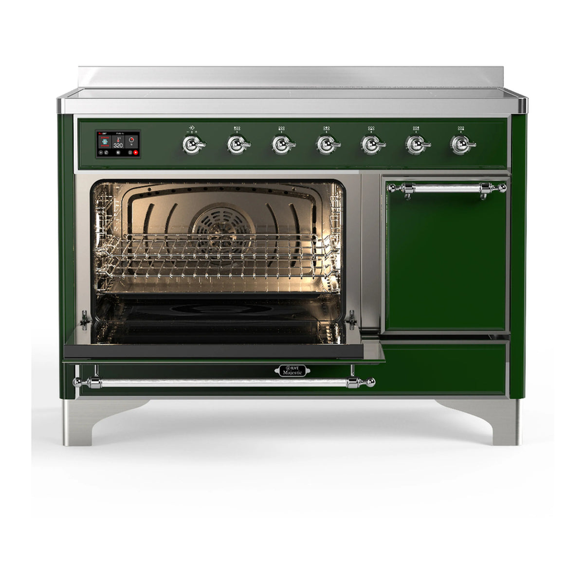 Emerald induction range with left oven door open, viewing interior racks and burner coils.