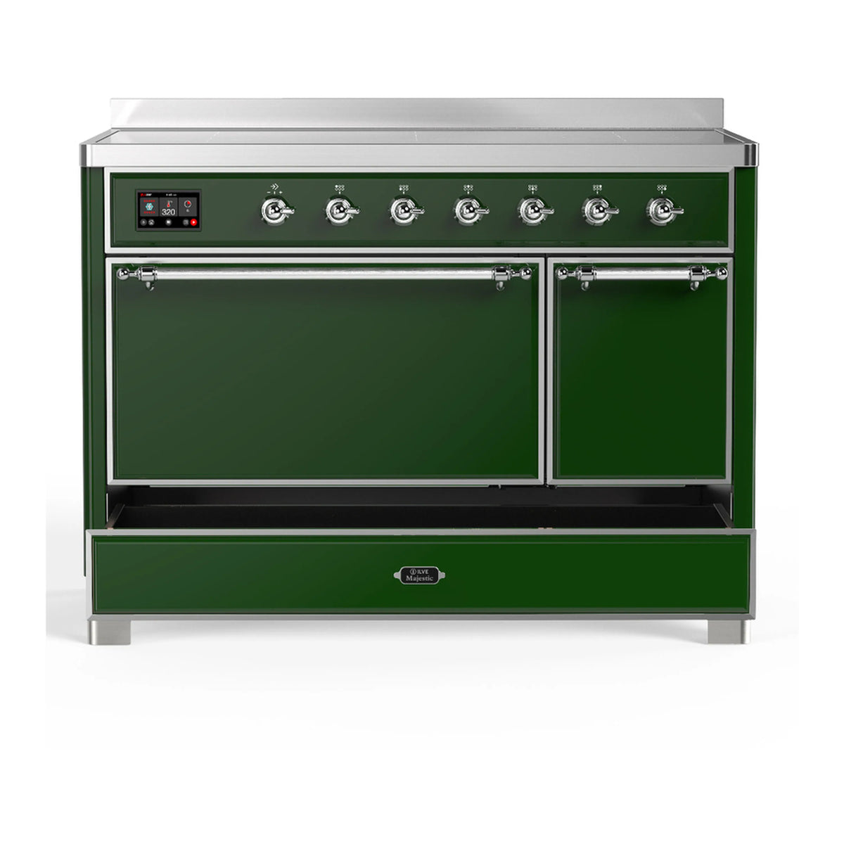 Emerald green induction range with front double oven doors and chrome base trim.