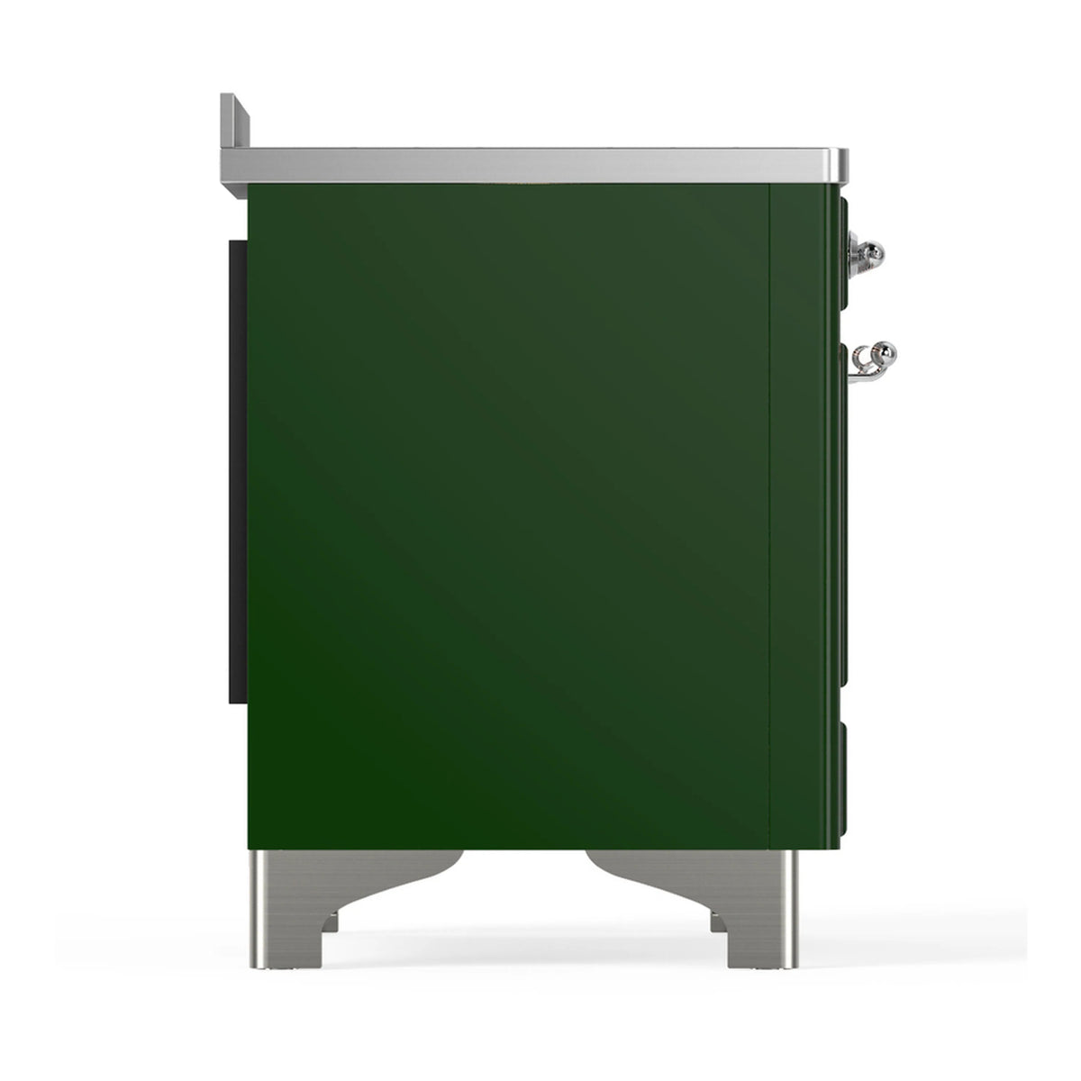 Emerald green induction range side panel with stainless trim and control knob.