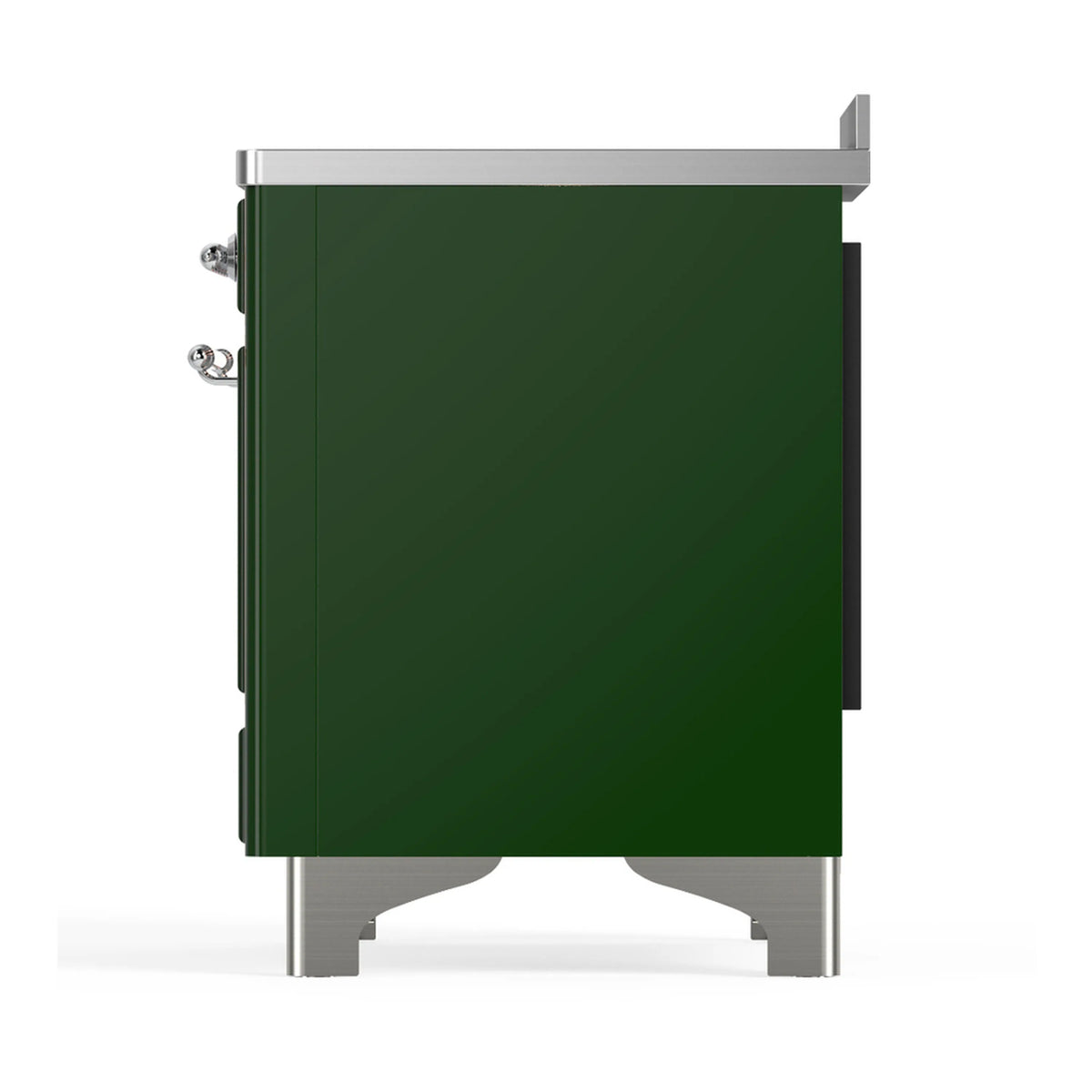 Emerald green induction range rear side panel with stainless legs and trim.