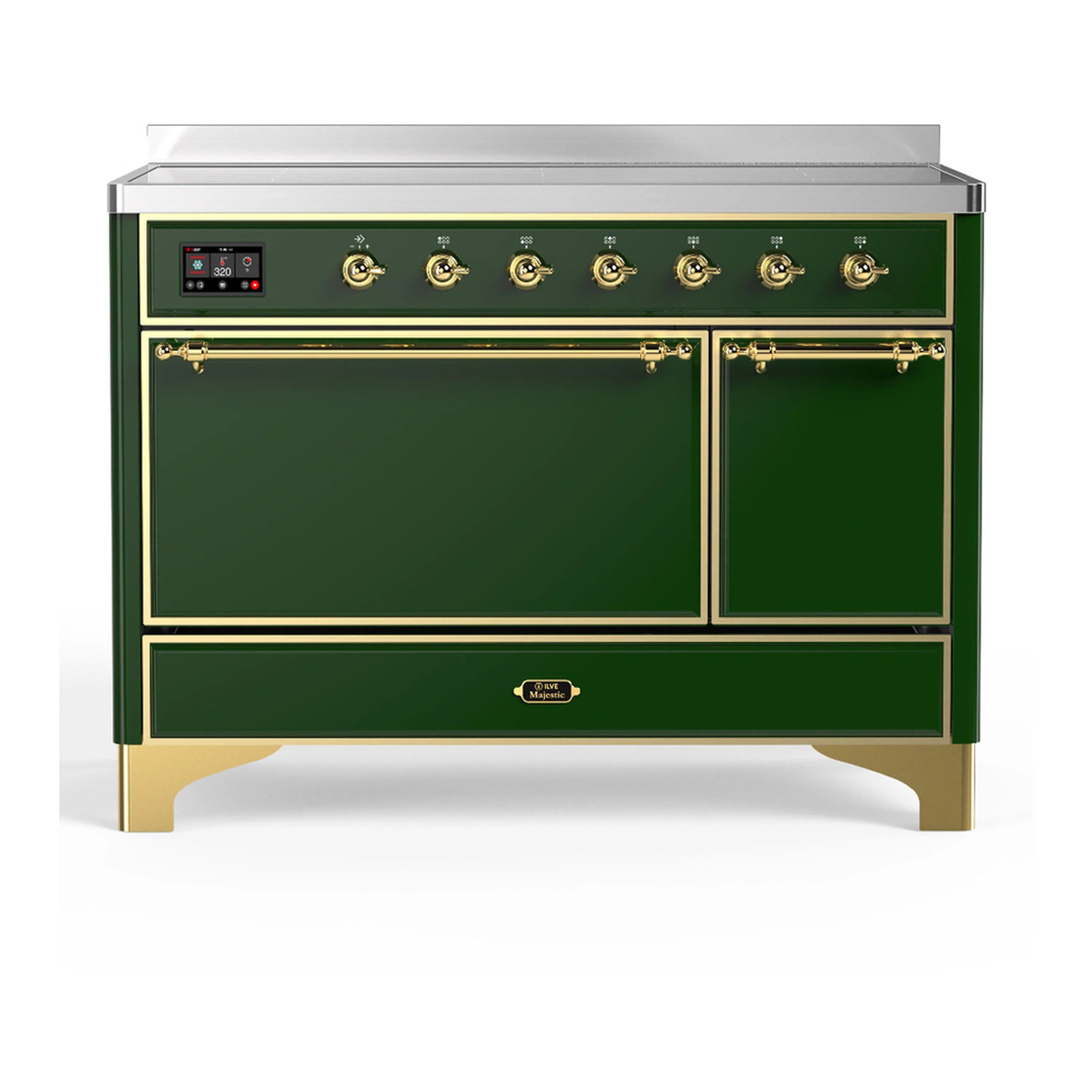 Emerald green induction range with solid oven door and brass trim, front view.