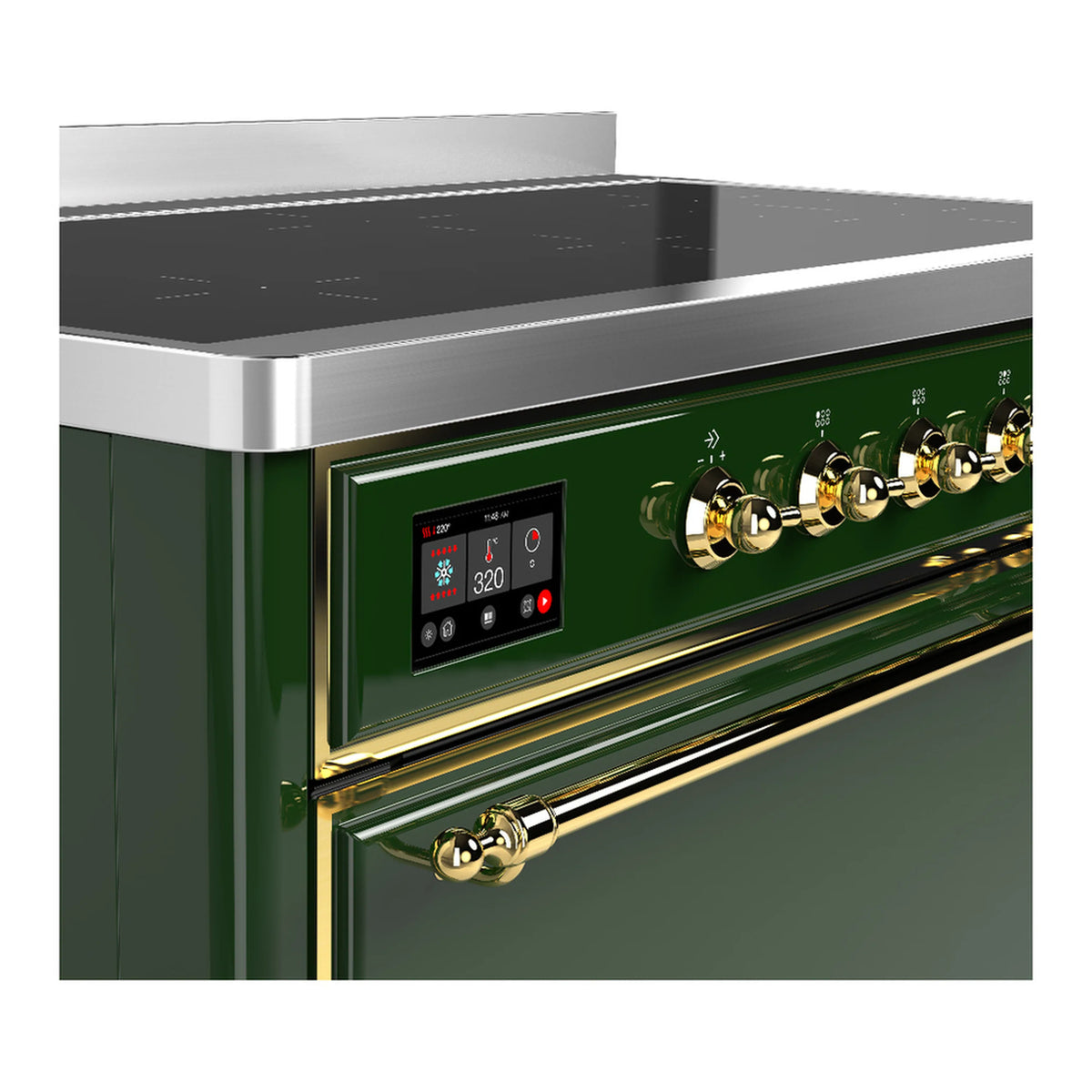 Emerald green induction range control panel with brass knobs and trim, angled view.