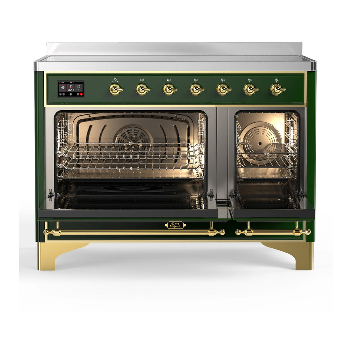 Emerald green induction range with both oven doors open, showing interior racks and burners.