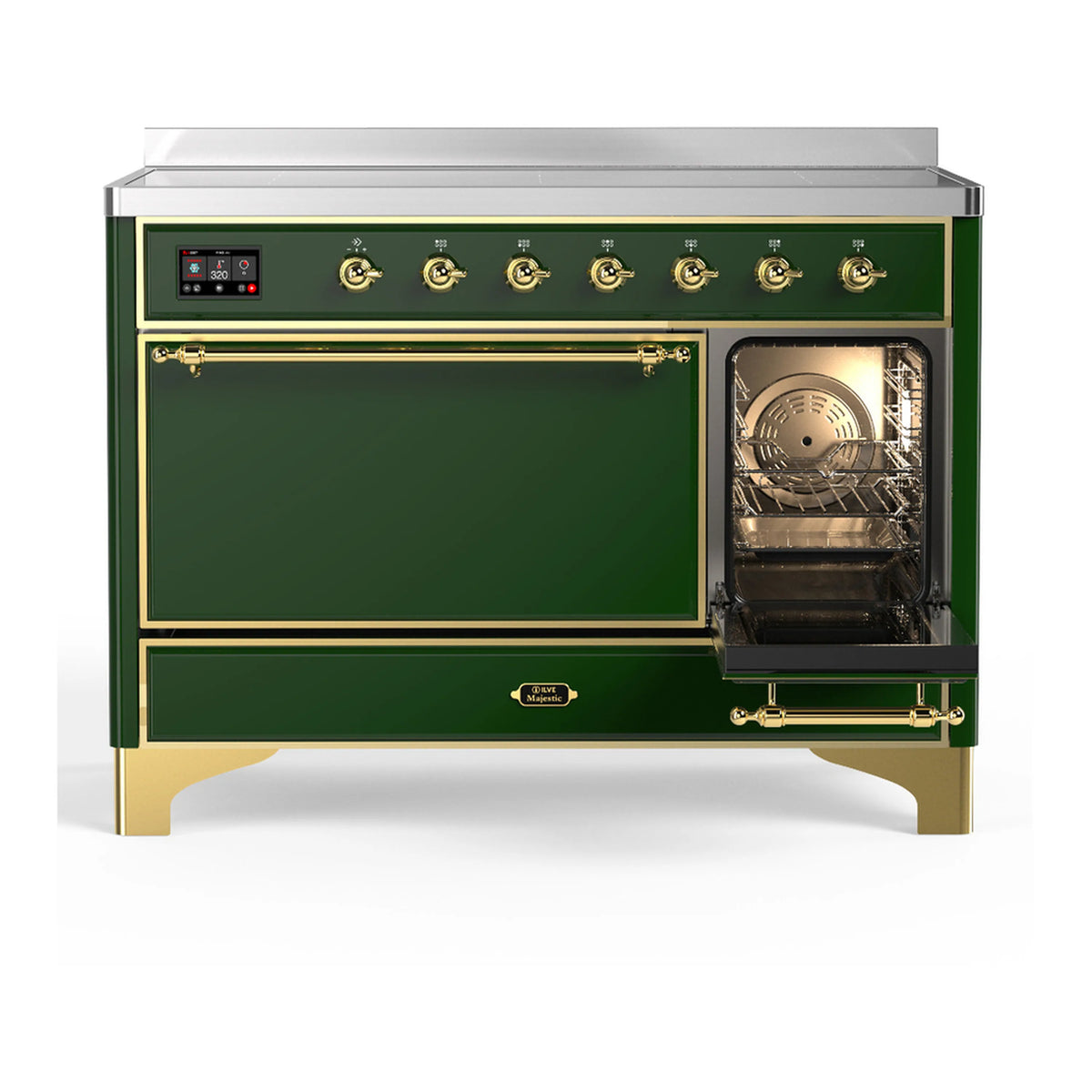 Emerald green induction range with one oven door open, brass handle and interior racks visible.