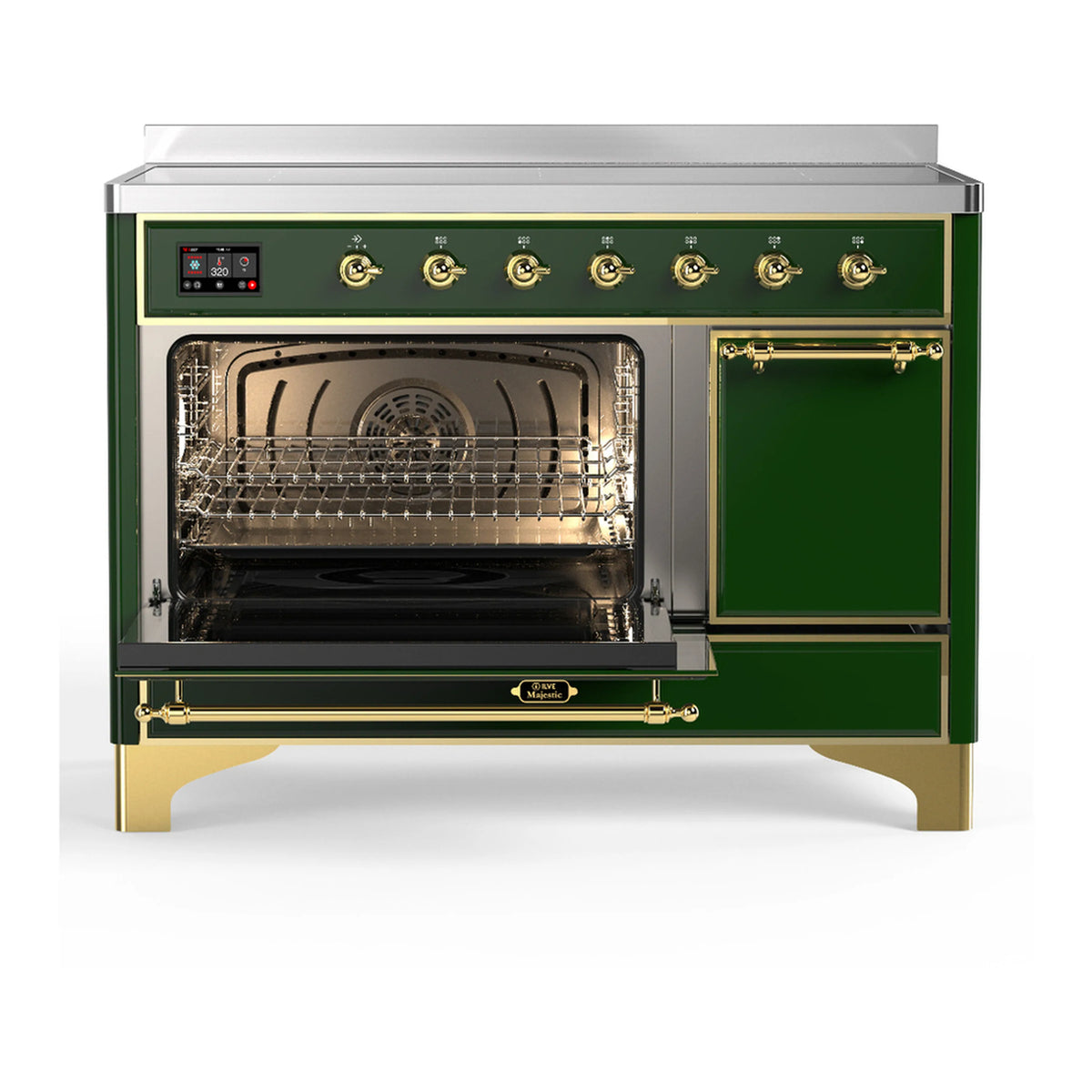 Emerald green induction range with oven door open and brass trim, interior visible.