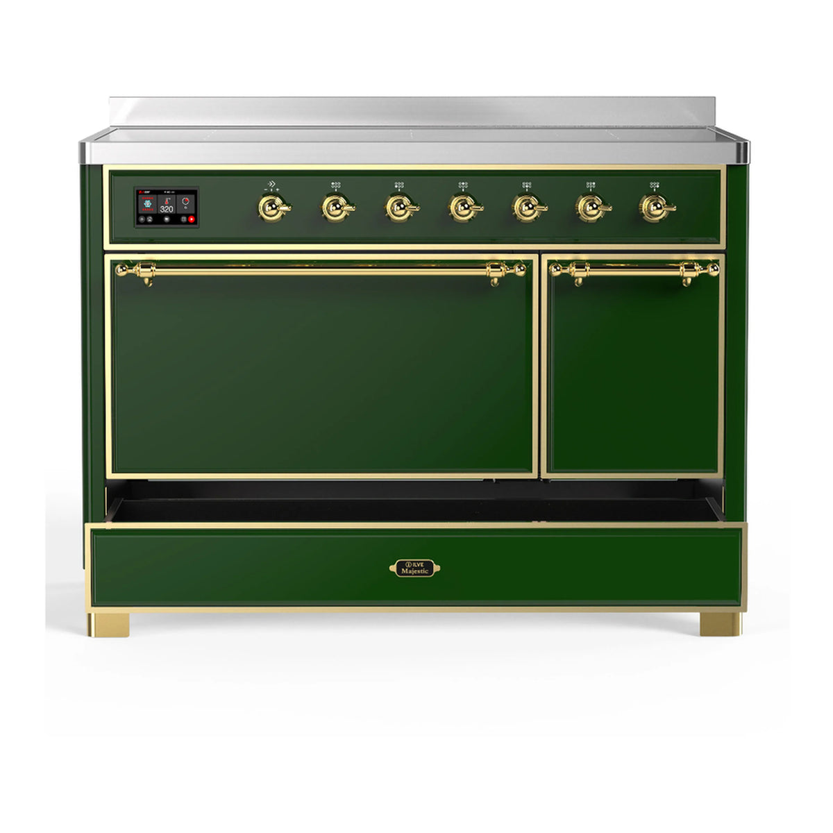 Emerald green induction range with lower cabinet doors closed and brass trim, front view.