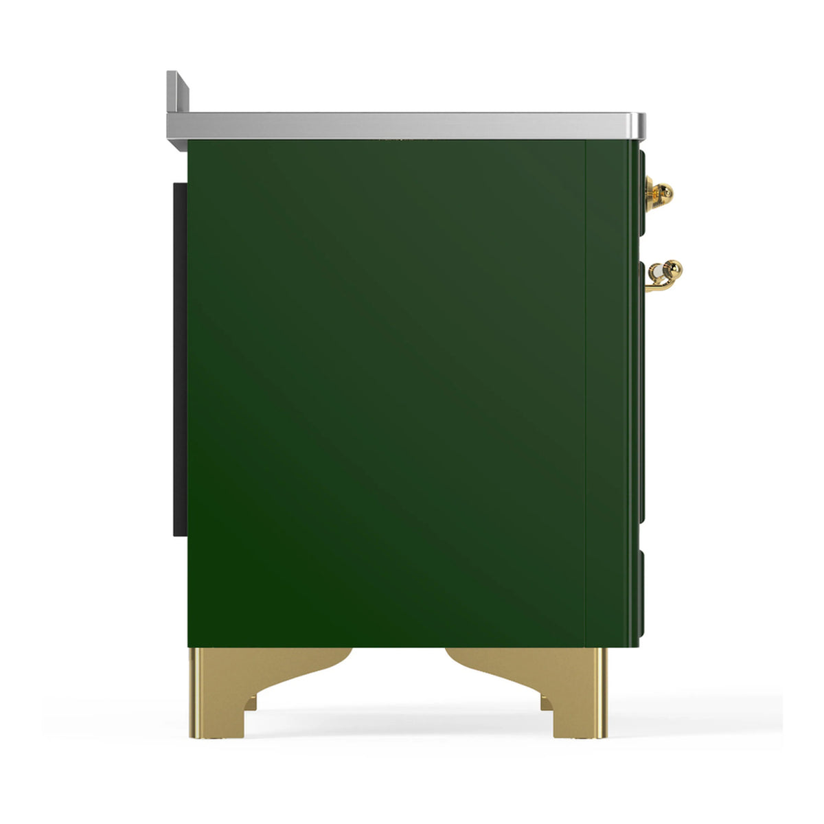 Emerald green induction range side panel with brass accents and silver top, side view.