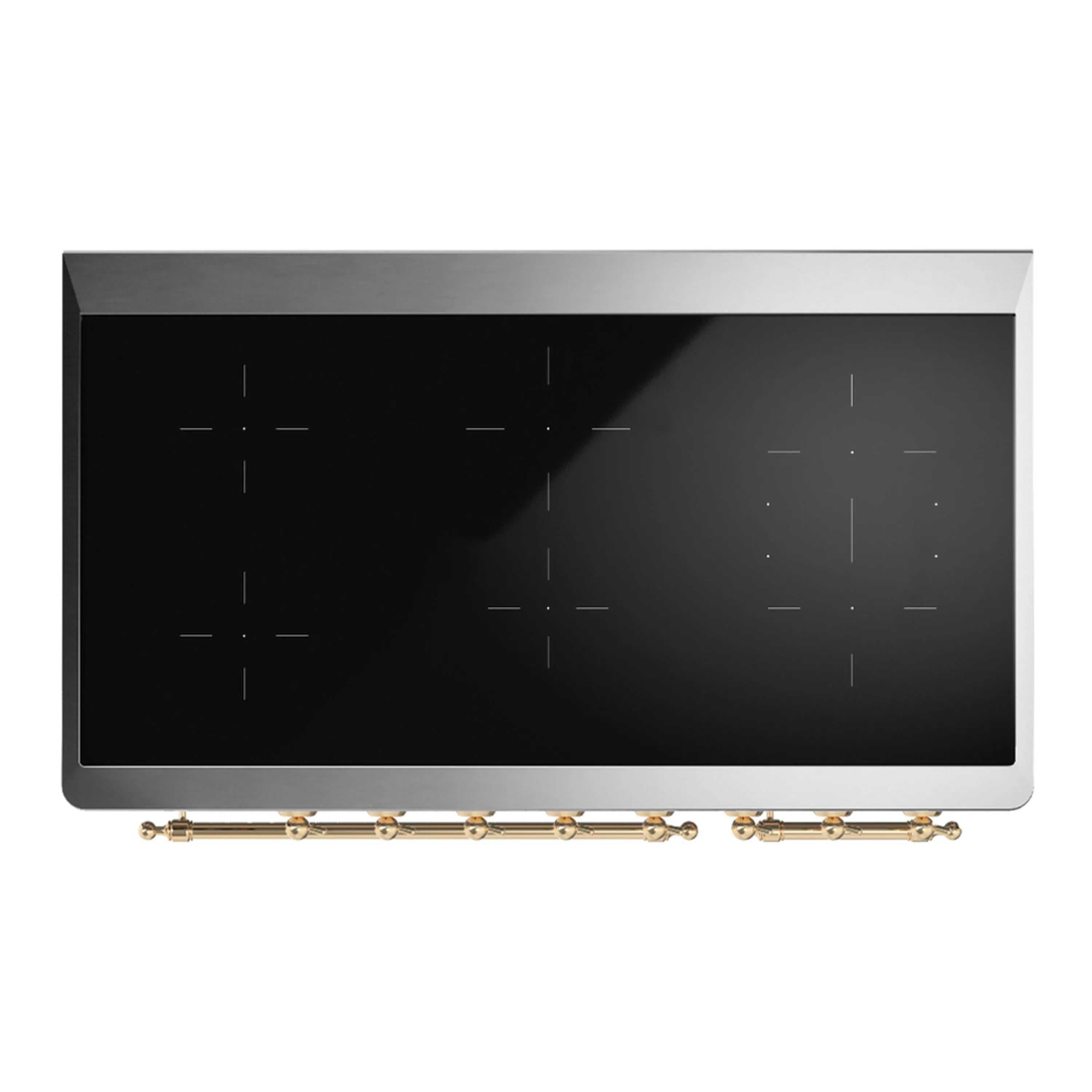 Induction cooktop glass panel with brass trim on an emerald green range.