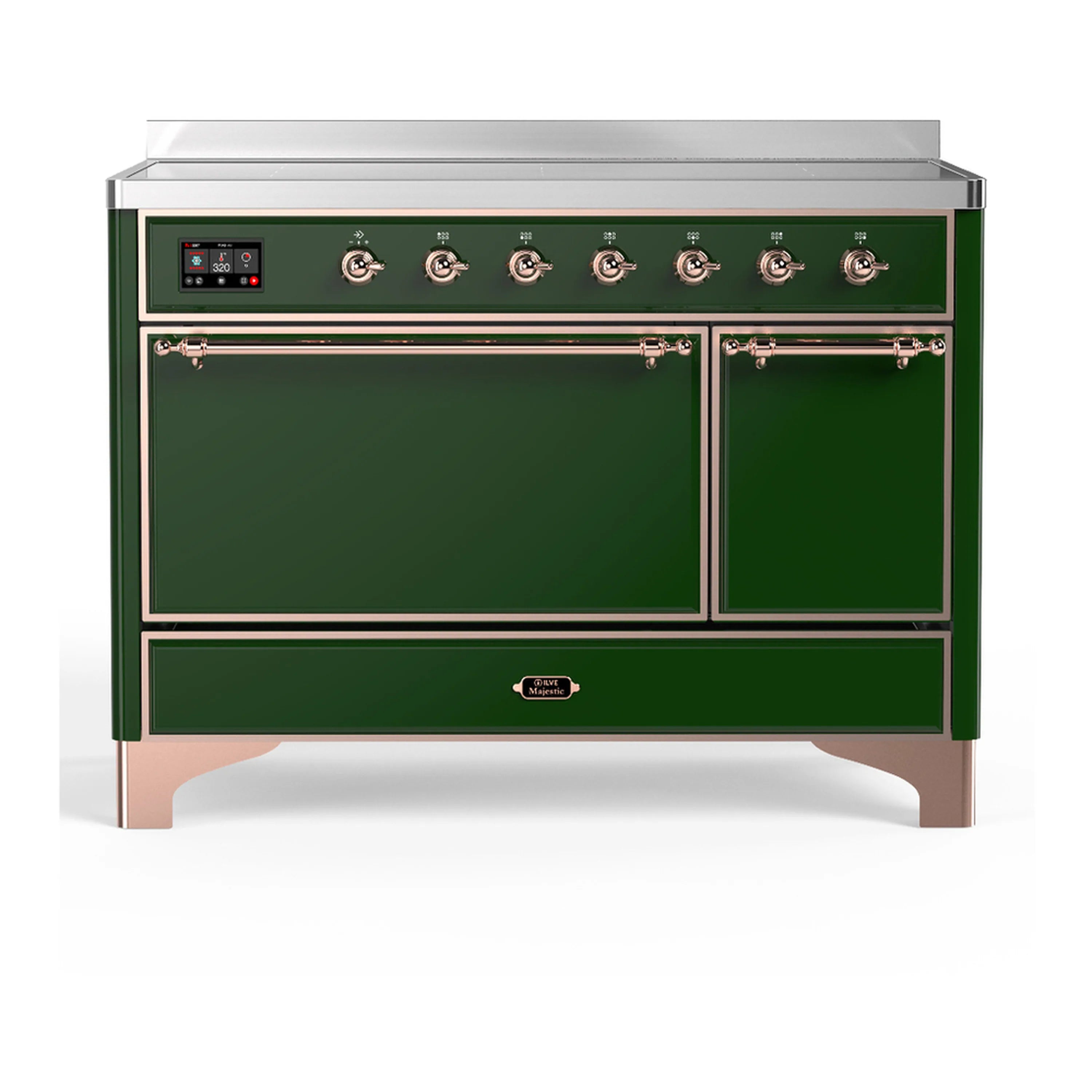 Emerald green induction range with copper-trimmed controls and double oven doors