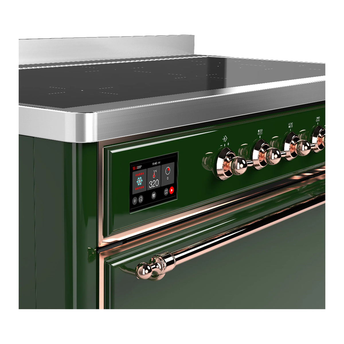 Induction range control panel with digital display and copper knob handles