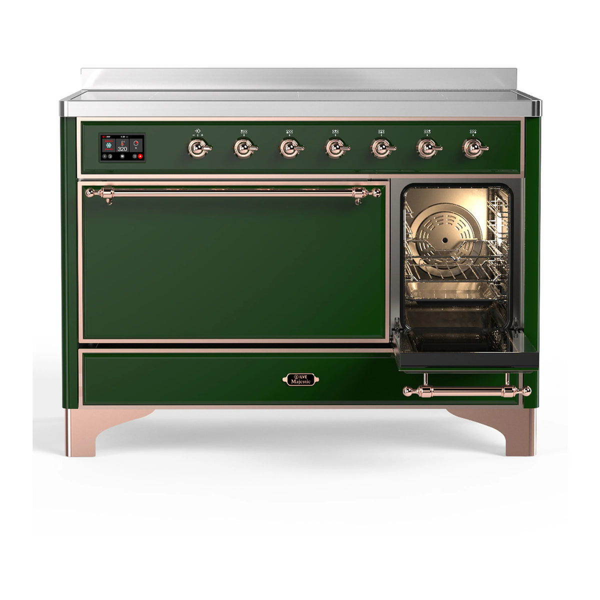 Induction range with right oven door open, glowing interior and wire racks