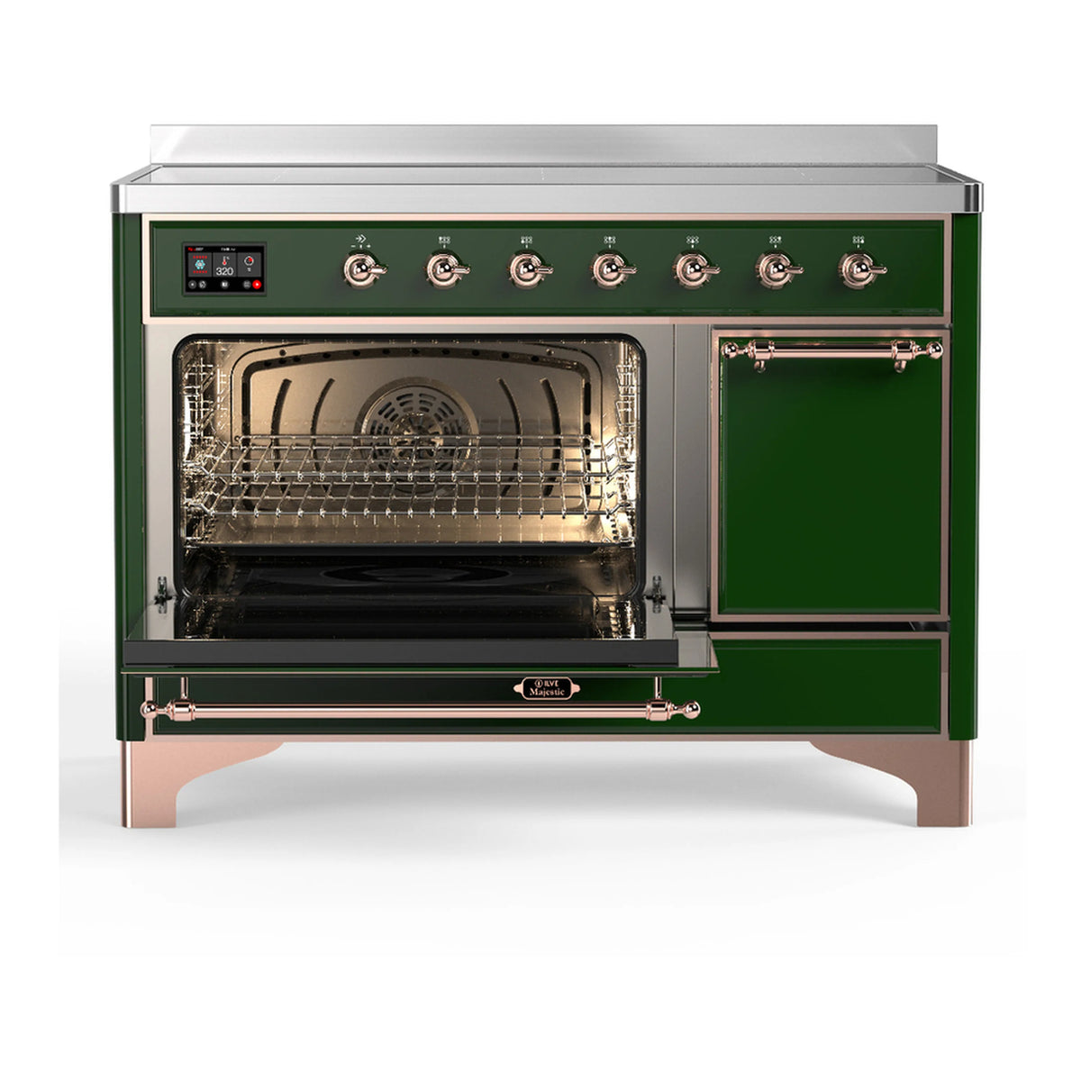 Induction range with oven doors open, interior fan, racks, and bake chamber