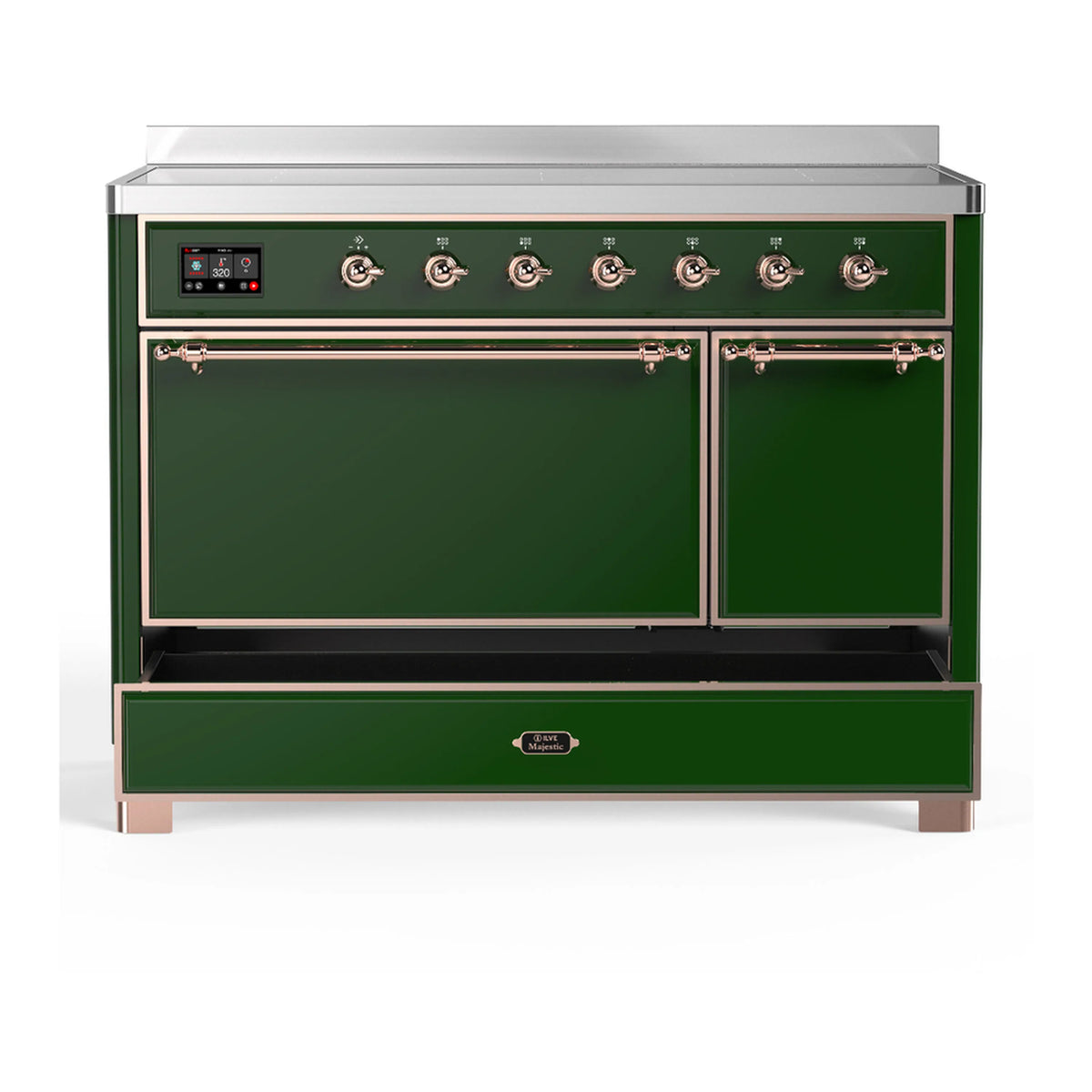 Emerald green induction range with copper-trimmed double doors and front storage drawer