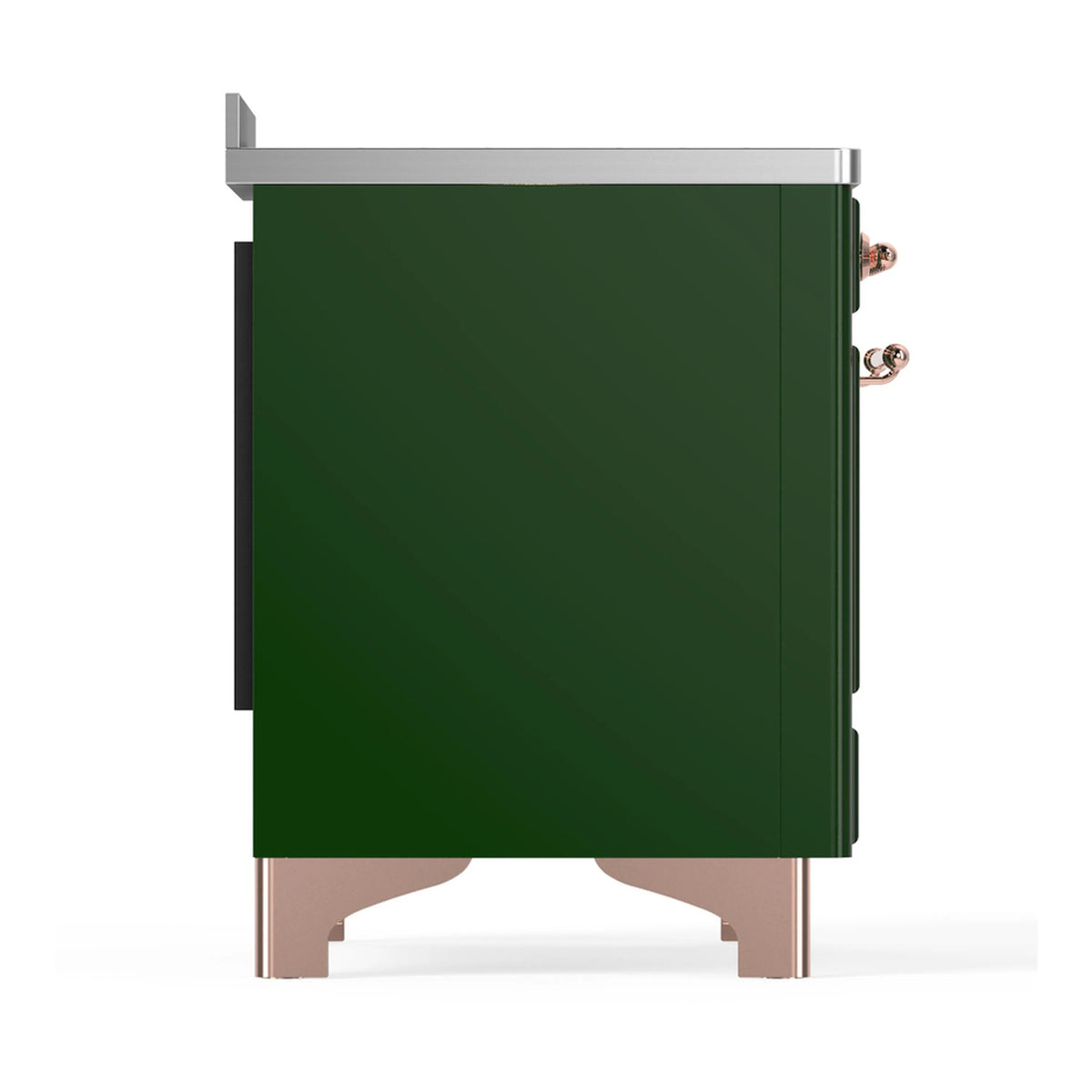 Side of emerald green induction range with copper handle accents and metal trim