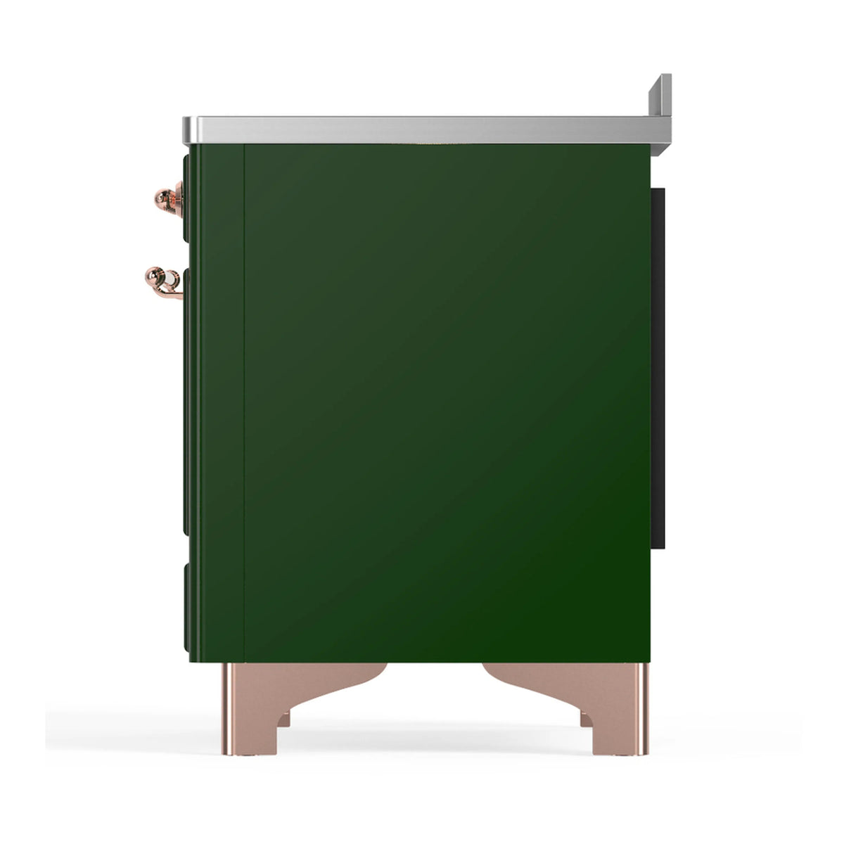 Side panel of emerald green induction range with copper handles and metal trim
