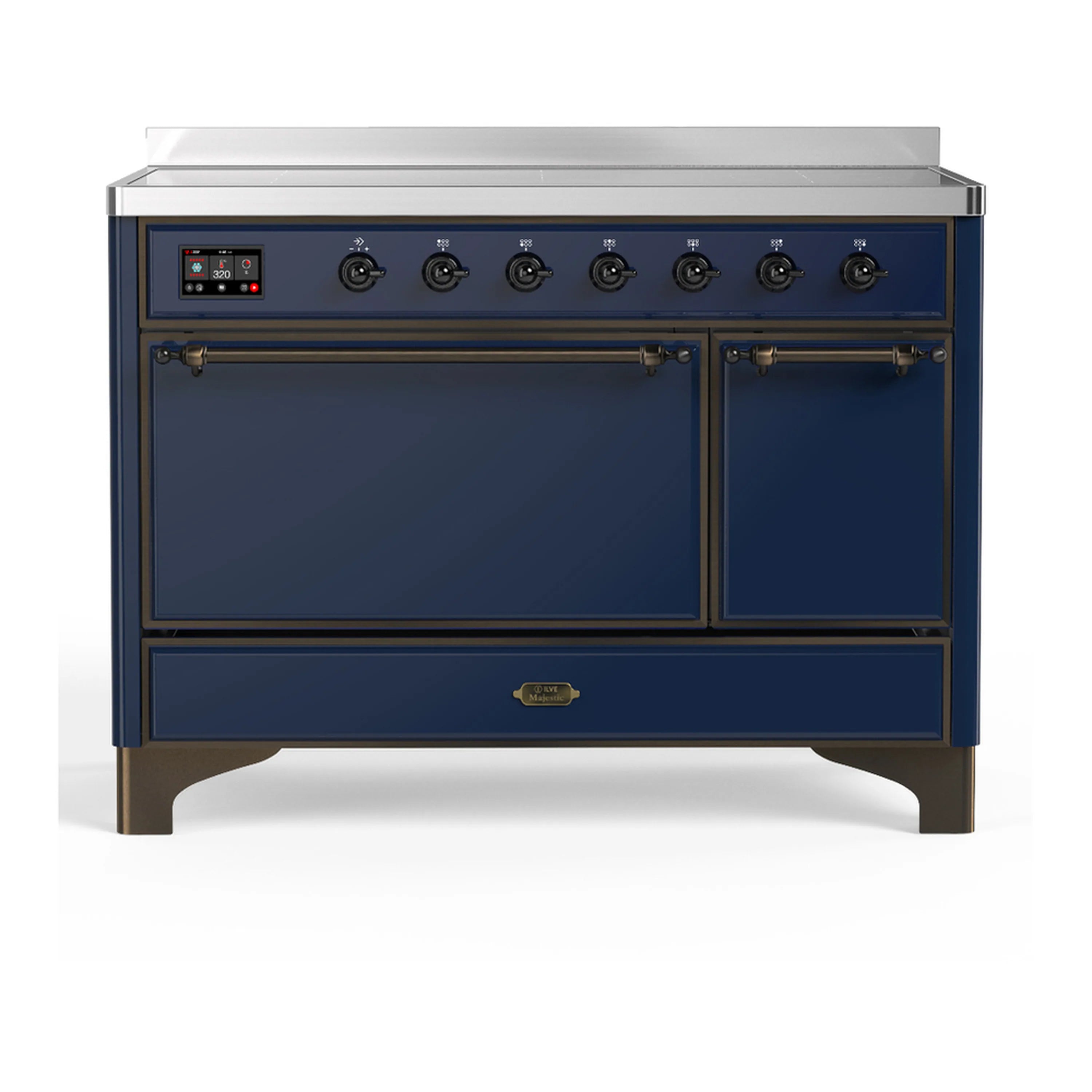Dark blue induction range with two oven doors and six black cooktop knobs